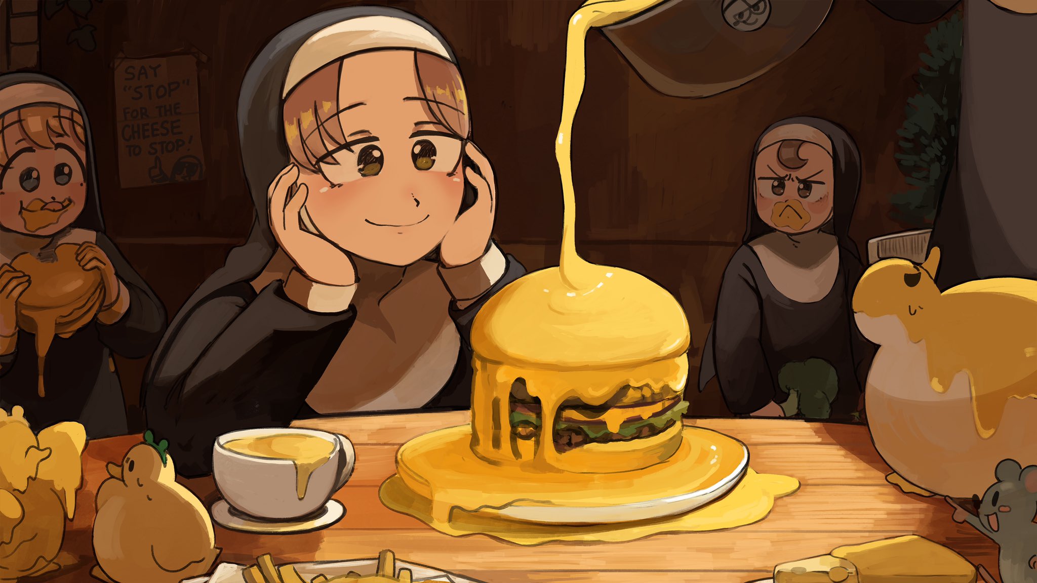 3girls :< baby_animal bird blonde_hair blue_eyes broccoli brown_eyes brown_hair burger cheese chicken clumsy_nun_(diva) commentary cup diva_(hyxpk) duck duckling eating english_commentary food food_on_face frog_headband froggy_nun_(diva) hands_on_own_face highres hungry_nun_(diva) little_nuns_(diva) messy mouse_(animal) mug multiple_girls nun pouring smile too_much_food traditional_nun
