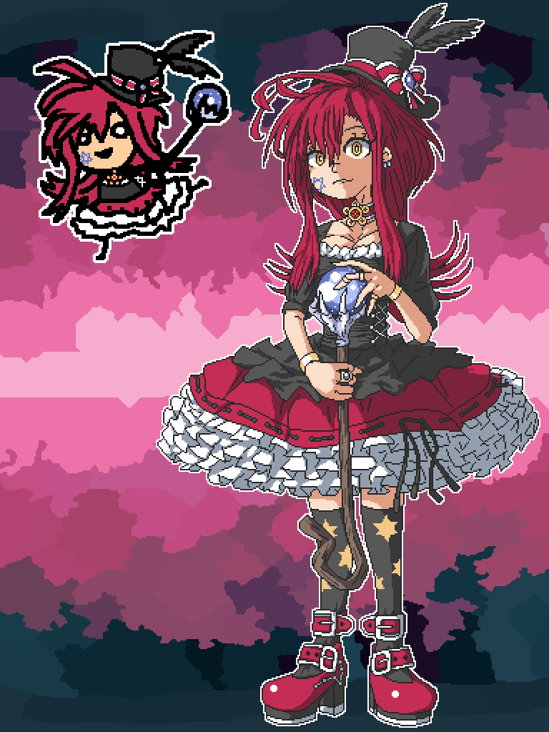1girl aksawshin ars_goetia black_dress black_feathers black_hair black_socks breasts bright_pupils dress ear_piercing eyelashes facial_tattoo feathers frilled_skirt frills hat hexagram holding holding_staff jewelry long_hair mage_staff messy_hair orb original piercing pixel_art red_footwear red_hair red_ribbon red_skirt ribbon ring shoe_belt skirt smile socks staff star_(symbol) star_of_david star_print stitches tattoo touhou white_pupils yellow_eyes