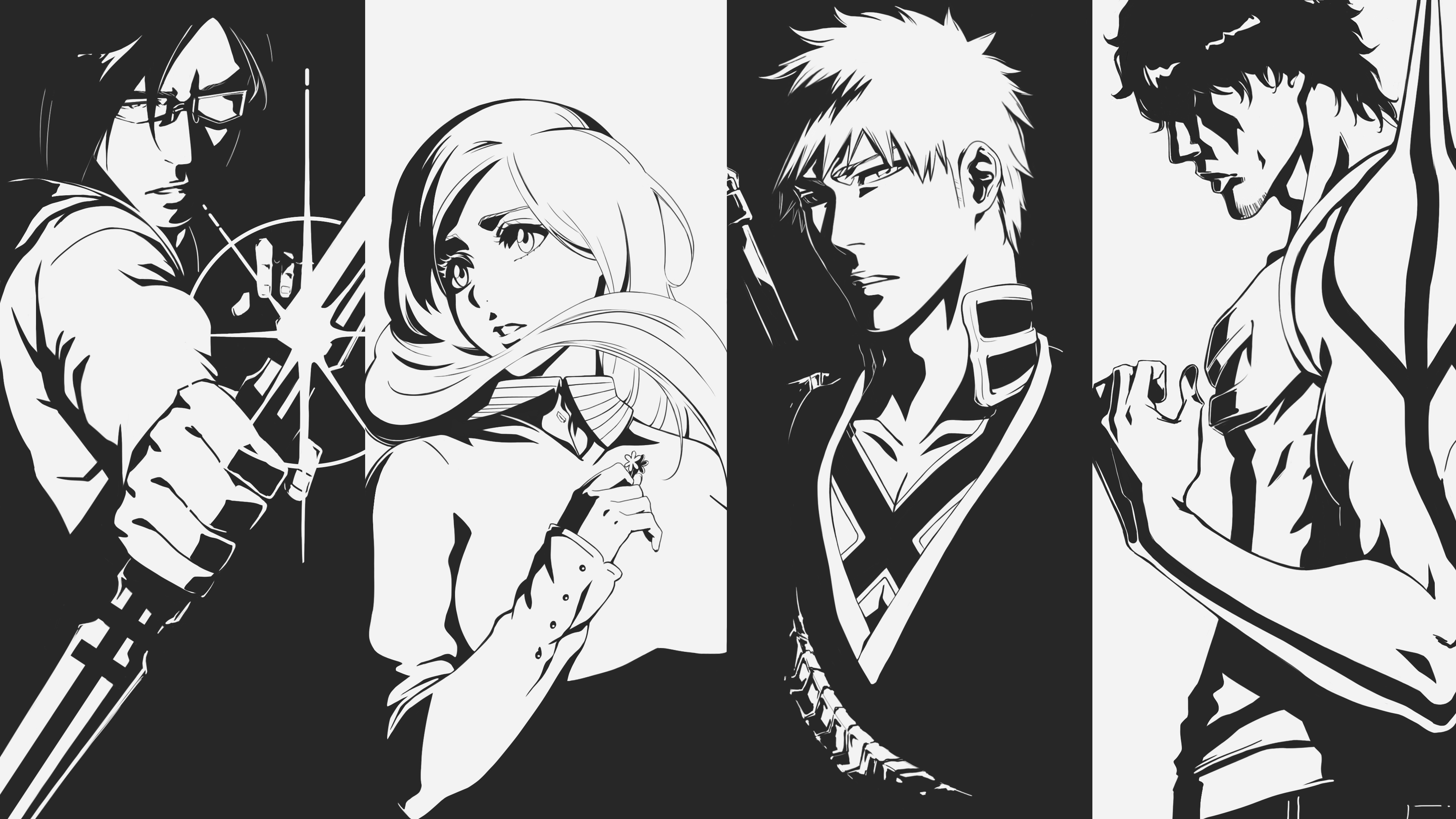 1girl 3boys absurdres aiming black_background black_hair black_kimono bleach bleach:_sennen_kessen-hen bow_(weapon) clenched_hand closed_mouth commentary eyelashes floating_hair glasses greyscale hand_up highres holding holding_bow_(weapon) holding_weapon inoue_orihime ishida_uryuu japanese_clothes kimono kubo_tite_(style) kurosaki_ichigo lips long_hair long_sleeves looking_at_viewer monochrome multiple_boys muscular muscular_male outstretched_arm parted_bangs parted_lips profile rozuberry sado_yasutora serious short_hair simple_background sleeves_past_wrists spiked_hair upper_body weapon white_background