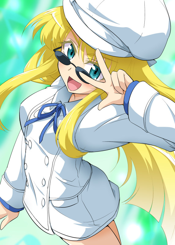 10s 1girl aqua_eyes blonde_hair blush breasts coat gradient_background green_background hat inu_to_hasami_wa_tsukaiyou long_hair looking_over_eyewear maxi_akizuki open_mouth ribbon sunglasses v