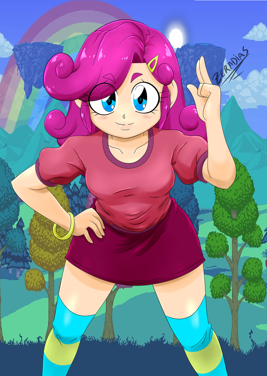1girl aqua_thighhighs blue_eyes bracelet collarbone eyes_visible_through_hair hair_ornament hairclip hand_on_own_hip highres jewelry leaning_forward legs_apart looking_at_viewer multicolored_legwear party_girl_(terraria) pink_hair pink_shirt pink_skirt salute shirt short_sleeves skirt smile solo terraria thighhighs two-finger_salute zeradias
