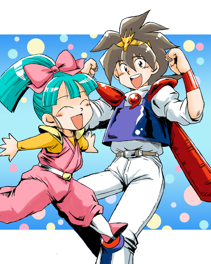 azuki_osamitsu belt bow bracer brown_eyes brown_hair buckle closed_eyes green_hair hair_bow ikusabe_wataru mashin_eiyuuden_wataru open_mouth shinobibe_himiko shoulder_pads smile tiara