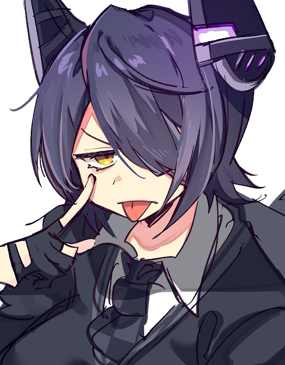 1girl akanbe black_gloves black_hair black_sweater checkered_necktie collared_shirt dress_shirt eyelid_pull gloves hair_over_one_eye headgear kantai_collection looking_at_viewer necktie partially_fingerless_gloves shirt short_hair solo sweater tenryuu_(kancolle) tongue tongue_out tsumikitsuki_(katsuobushi) upper_body white_shirt yellow_eyes