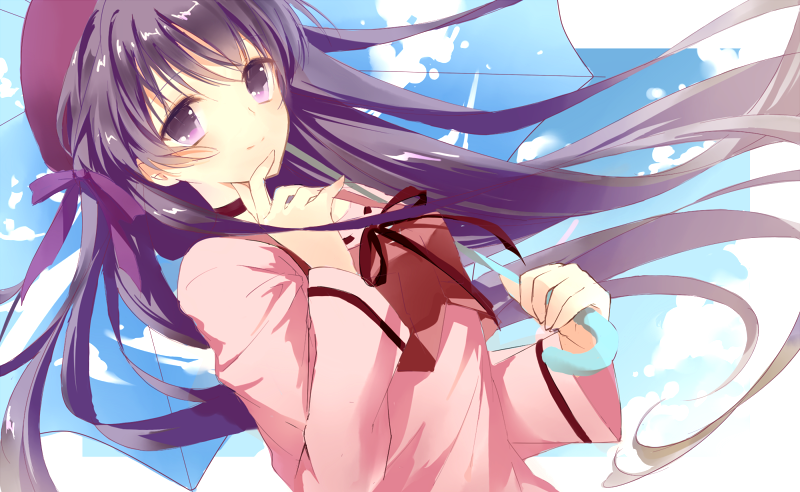 00s 1girl bad_id bad_pixiv_id beret day female_focus fukuda935 hat long_hair purple_eyes purple_hair shihou_matsuri sky sola solo umbrella