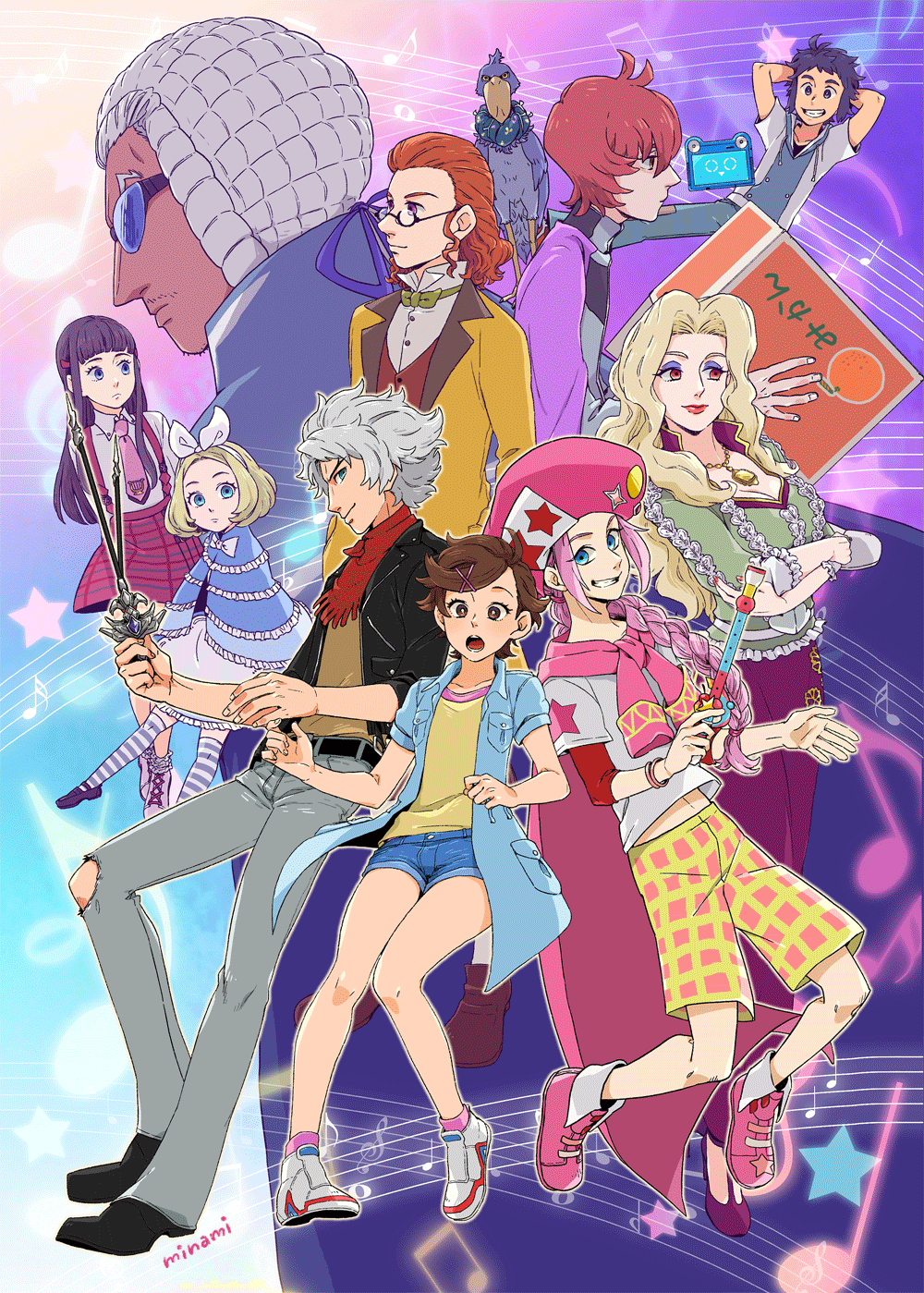 4girls 6+boys arms_behind_head bandana bird black_jacket blonde_hair blue-tinted_eyewear blue_capelet blue_eyeshadow blunt_bangs bow bowtie box braid breasts brown_hair brown_shoes capelet cardboard_box classicaloid cleavage closed_mouth conductor_baton crossed_arms dramatica drawstring eyelashes eyeshadow franz_liszt_(classicaloid) franz_schubert_(classicaloid) frederic_chopin_(classicaloid) glasses green_bow green_bowtie green_shirt grey_pants grin hair_ornament hairclip hasshii_(classicaloid) hat highres holding_baton hooded_shirt jacket johann_sebastian_bach_(classicaloid) kagura_sousuke ludwig_van_beethoven_(classicaloid) makeup multiple_boys multiple_girls musical_note musical_staff necktie open_mouth otowa_kanae pad-kun_(classicaloid) pants pink_hair pink_hat pink_necktie pink_shoes powdered_wig purple_hair pyotr_illyich_tchaikovsky_(classicaloid) red_bandana shirt shoebill shoes shorts smile socks striped_clothes striped_socks suspenders tekla_badarzewska-baranowska_(classicaloid) tinted_eyewear white_shirt wolfgang_amadeus_mozart_(classicaloid) yellow_jacket yellow_shirt yellow_shorts