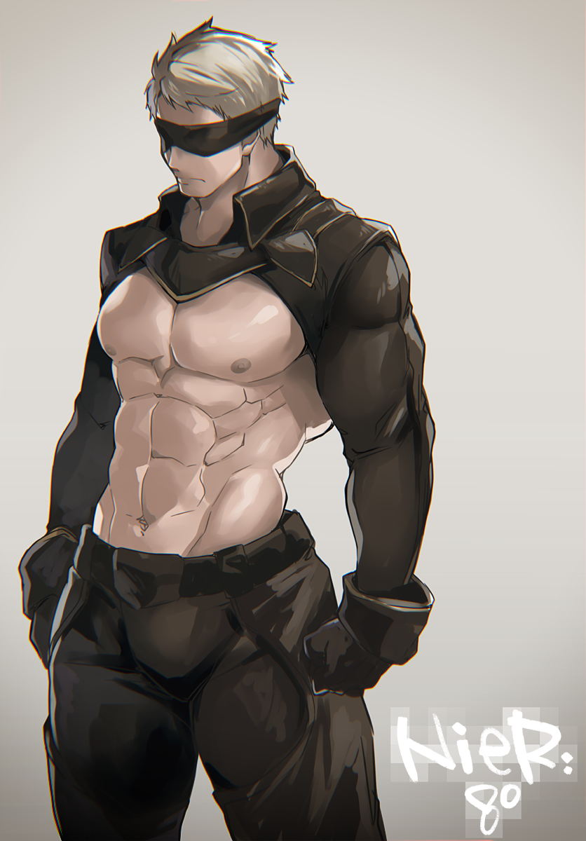 1boy 8_(yamalu) abs bara black_gloves black_pants blindfold closed_mouth gloves grey_hair highres large_pectorals male_focus muscular muscular_male navel nier:automata nier_(series) nipples original pants pectorals short_hair shrug_(clothing) simple_background solo