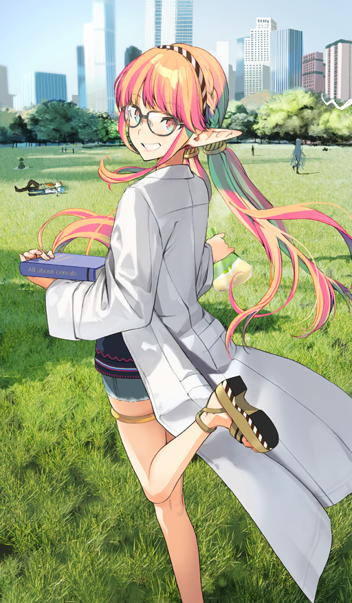 2boys 3girls akinashi_yuu aqua_eyes blue_shorts blue_sky blue_sweater book braid brown_sandals central_park_(new_york) christopher_columbus_(fate) circe_(doc_kykeon)_(fate) circe_(fate) city cleopatra_(fate) coat commentary day denim denim_shorts english_text erlenmeyer_flask fate/grand_order fate_(series) flask foot_out_of_frame gold_thighlet grass grin hair_tie hairband hans_christian_andersen_(fate) holding holding_book holding_flask jewelry kneepits lab_coat leg_up long_coat long_hair long_pointy_ears long_sleeves looking_at_viewer looking_back low_twintails lying multicolored_eyes multicolored_hair multiple_boys multiple_girls new_york_city nursery_rhyme_(fate) official_art on_back orange_eyes orange_hair out_of_frame outdoors park people pink_hair platform_sandals pointy_ears sandals short_shorts shorts sidelocks sky skyline smile solo_focus standing standing_on_one_leg sunlight sweater teeth thighlet third-party_source tree twintails two-tone_eyes two-tone_hair white_coat william_shakespeare_(fate)