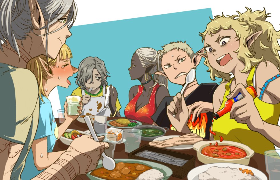 2boys 4girls 71_(nanaichi_drafting) alternate_species bags_under_eyes blonde_hair breasts choker cithis dark-skinned_female dark_skin dungeon_meshi elf fleki grey_hair long_hair lycion medium_breasts mithrun multiple_boys multiple_girls notched_ear otta_(dungeon_meshi) pattadol pointy_ears short_hair