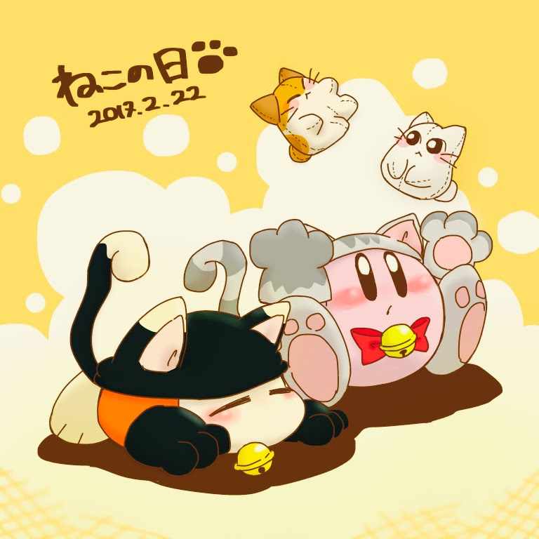 animal_costume animal_ears animal_hands arms_up bell black_gloves blush bow bowtie cat_costume cat_day cat_ears cat_tail character_doll closed_eyes closed_mouth commentary_request dated doll gloves grey_gloves jingle_bell kirby kirby_(series) lying nago_(kirby) nintendo no_humans on_stomach paw_gloves pawpads red_bow red_bowtie satojoyu shadow shiro_(kirby) simple_background sitting sleeping stuffed_toy tail translation_request waddle_dee yellow_background