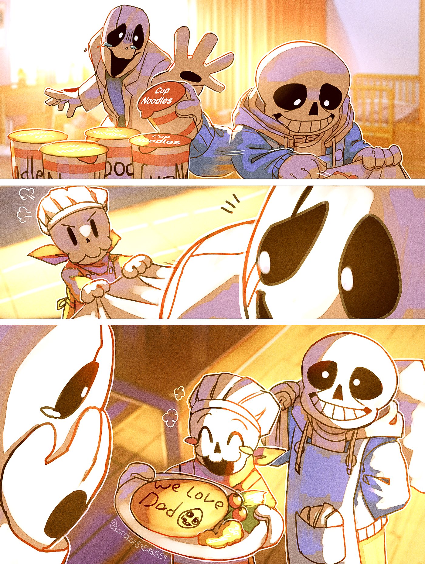 3boys apron blue_apron blue_jacket blush brothers chef_hat closed_eyes crying crying_with_eyes_open cup cup_ramen father_and_son hat highres holding holding_cup holding_plate hood hood_down hooded_jacket jacket korokor59513559 lab_coat male_focus multiple_boys open_clothes open_jacket open_mouth papyrus_(undertale) plate red_apron sans_(undertale) shirt siblings skeleton smile streaming_tears tears teeth twitter_username undertale w.d._gaster white_shirt