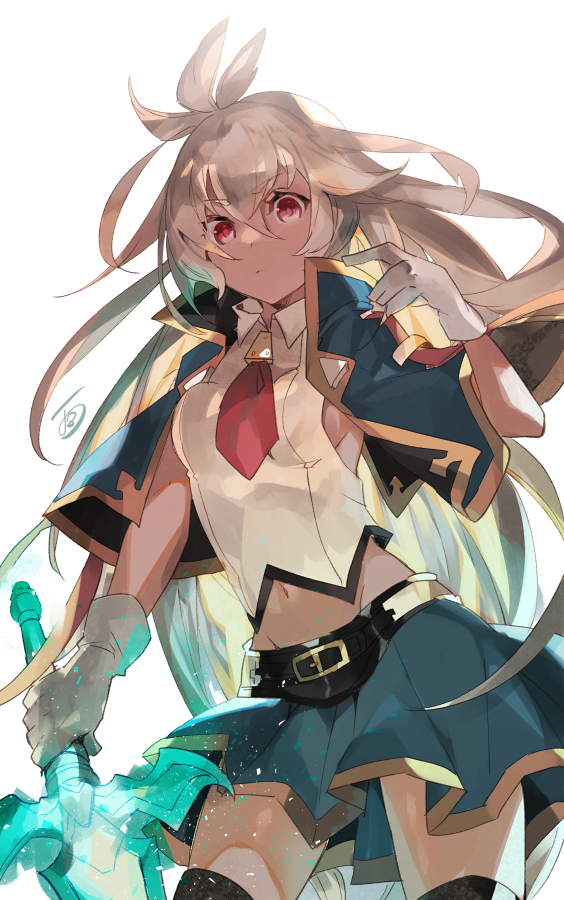 1girl blazblue closed_mouth cosplay dark-skinned_female dark_skin gloves granblue_fantasy hair_between_eyes holding holding_sword holding_weapon hyakuhachi_(over3) long_hair navel noel_vermillion noel_vermillion_(cosplay) red_eyes skirt solo sword weapon white_background white_gloves white_hair zooey_(granblue_fantasy)