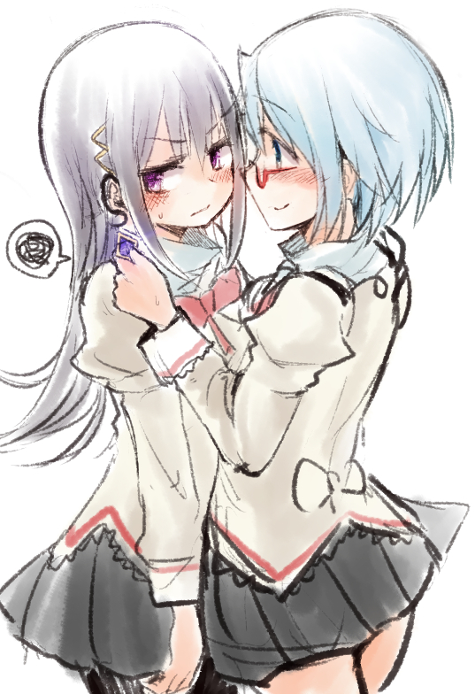 10s 2girls accessories_switch akemi_homura black_hair blue_eyes blue_hair damenano104 earrings glasses hair_ornament hairclip jewelry long_hair looking_away mahou_shoujo_madoka_magica mahou_shoujo_madoka_magica:_hangyaku_no_monogatari miki_sayaka multiple_girls purple_eyes red-framed_eyewear school_uniform short_hair single_earring smile yuri