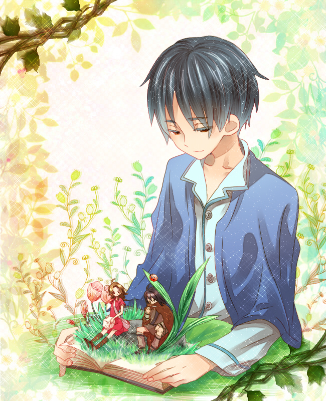 10s 1girl 2boys arrietty bad_id bad_pixiv_id black_hair book bug flower hii101 hii_(hii101) insect karigurashi_no_arrietty ladybug mini_person miniboy minigirl multiple_boys pop-up_book short_hair shou_(arrietty) shou_(karigurashi_no_arrietty) spiller studio_ghibli