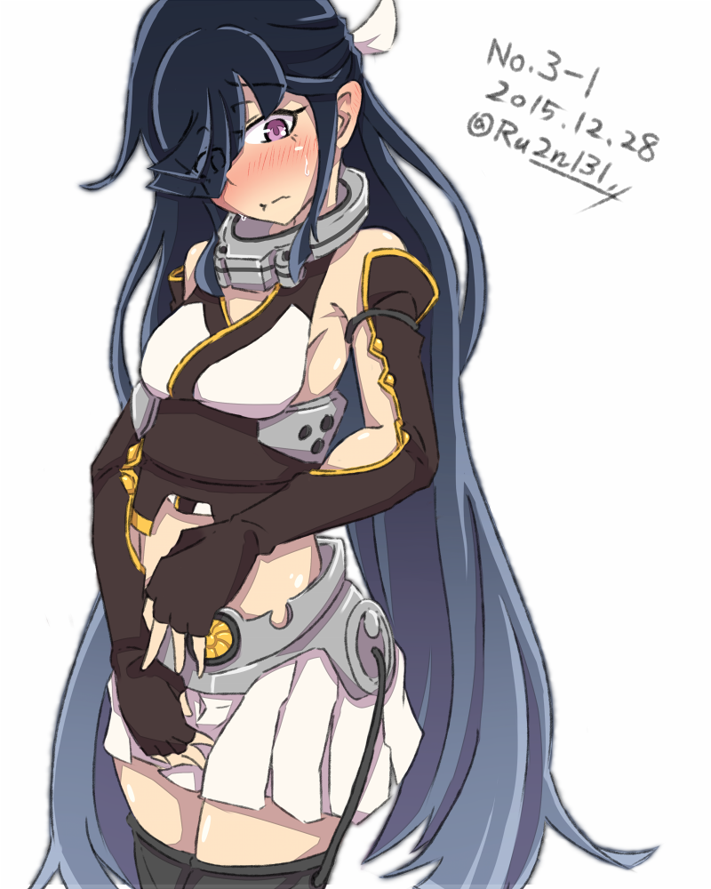 1girl 2015 bare_shoulders blue_hair blush cosplay criss-cross_halter dated elbow_gloves female_focus fingerless_gloves gloves gradient_hair hair_over_one_eye hair_ribbon halterneck hayashimo_(kancolle) kantai_collection long_hair multicolored_hair nagato_(kancolle) nagato_(kancolle)_(cosplay) navel pleated_skirt purple_eyes ribbon ru2n131 simple_background skirt solo sweat thighhighs twitter_username very_long_hair white_background