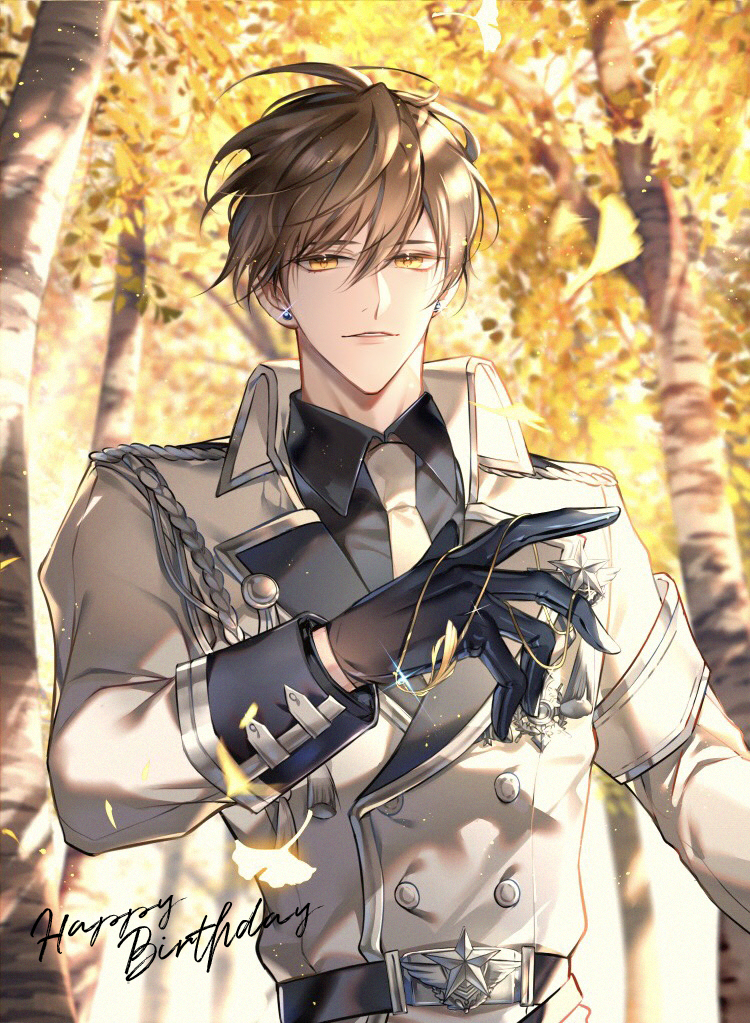 1boy aiguillette armband bai_qi_(love_and_producer) belt black_belt black_gloves black_shirt blurry blurry_background brown_hair buttons chinese_commentary collared_jacket collared_shirt double-breasted earrings falling_leaves ginkgo_leaf ginkgo_tree glint gloves hair_between_eyes hand_up happy_birthday holding holding_jewelry holding_necklace jacket jewelry leaf long_sleeves looking_at_viewer love_and_producer male_focus necklace outdoors parted_lips s_(olath) shirt short_hair sleeve_cuffs smile solo star_(symbol) star_necklace stud_earrings tree unworn_jewelry unworn_necklace upper_body white_armband white_jacket yellow_eyes