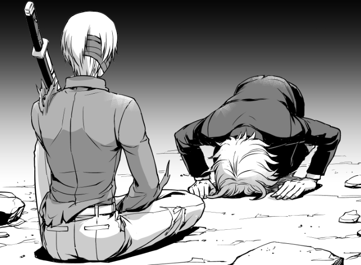 2boys bandages commentary_request danganronpa_(series) danganronpa_3_(anime) dogeza duplicate formal_clothes from_behind gradient_background greyscale katana male_focus mitarai_ryota monochrome multiple_boys munakata_kyousuke rubble short_hair simple_background sitting spoilers suit sword weapon youko-shima