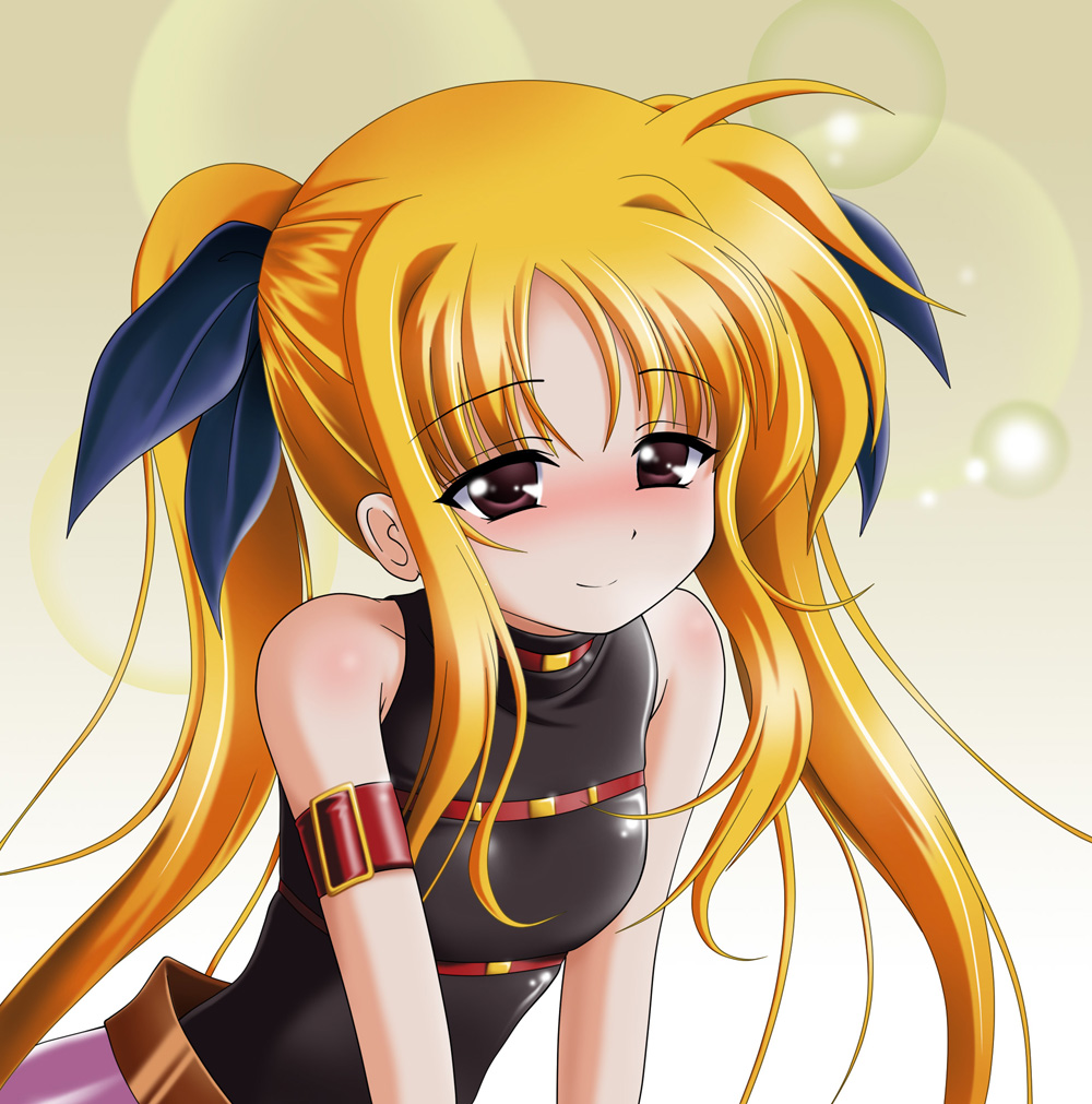 1girl armlet bare_shoulders black_leotard black_ribbon blonde_hair blush breasts brown_eyes closed_mouth commentary_request fate_testarossa fate_testarossa_(movie_1st_form) female_focus hair_ribbon jewelry leotard long_hair looking_at_viewer lyrical_nanoha magical_girl mahou_shoujo_lyrical_nanoha narurun_(final123) parted_bangs pink_skirt ribbon sidelocks skirt sleeveless small_breasts smile solo twintails upper_body yellow_background