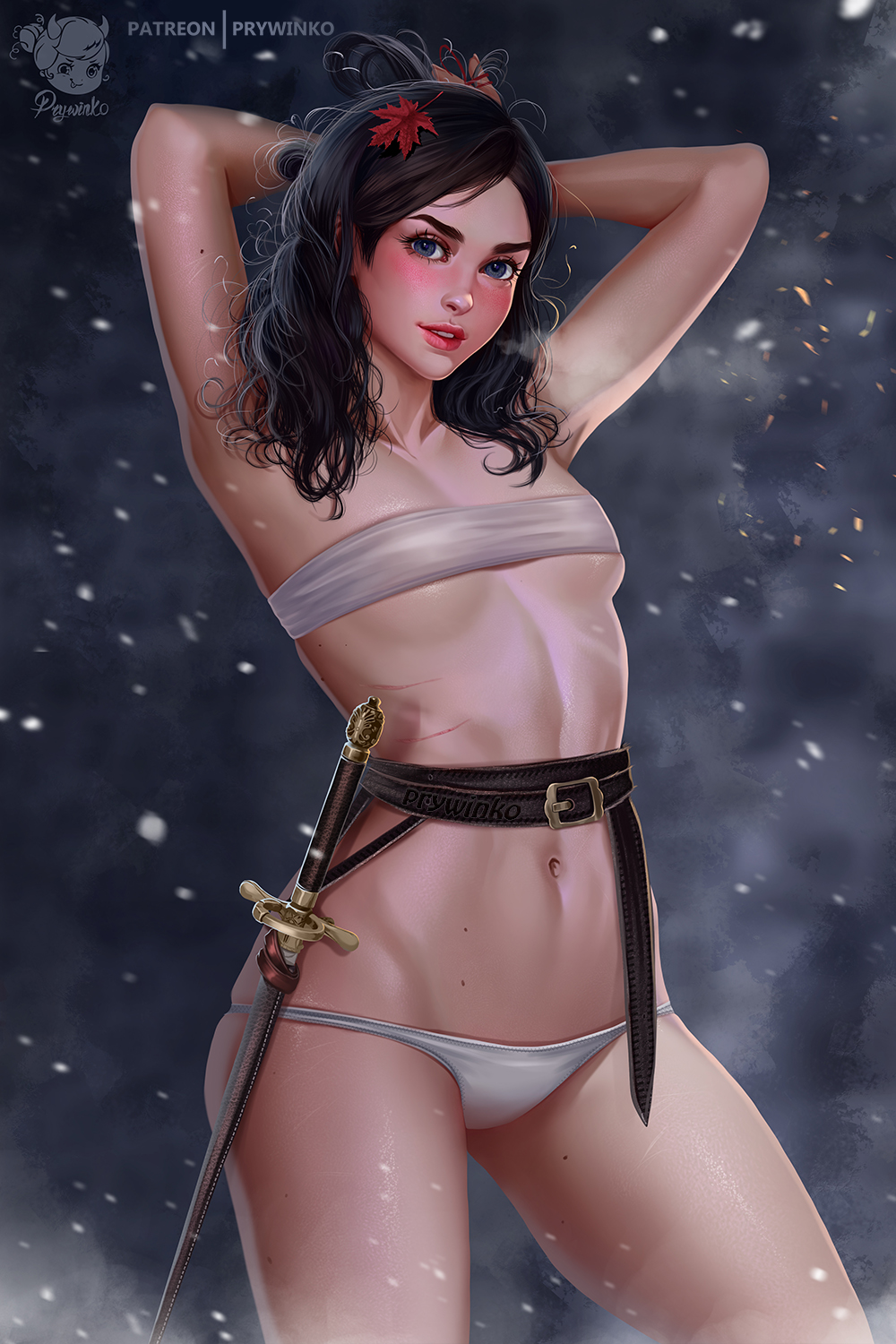 1girl a_song_of_ice_and_fire armpits arms_behind_head artist_name arya_stark bandeau belt black_eyes black_hair blush breasts cowboy_shot game_of_thrones groin highres looking_at_viewer medium_hair mole mole_on_stomach mole_on_thigh navel panties patreon_username prywinko seductive_smile small_breasts smile snow solo sword thighs underwear weapon white_bandeau white_panties