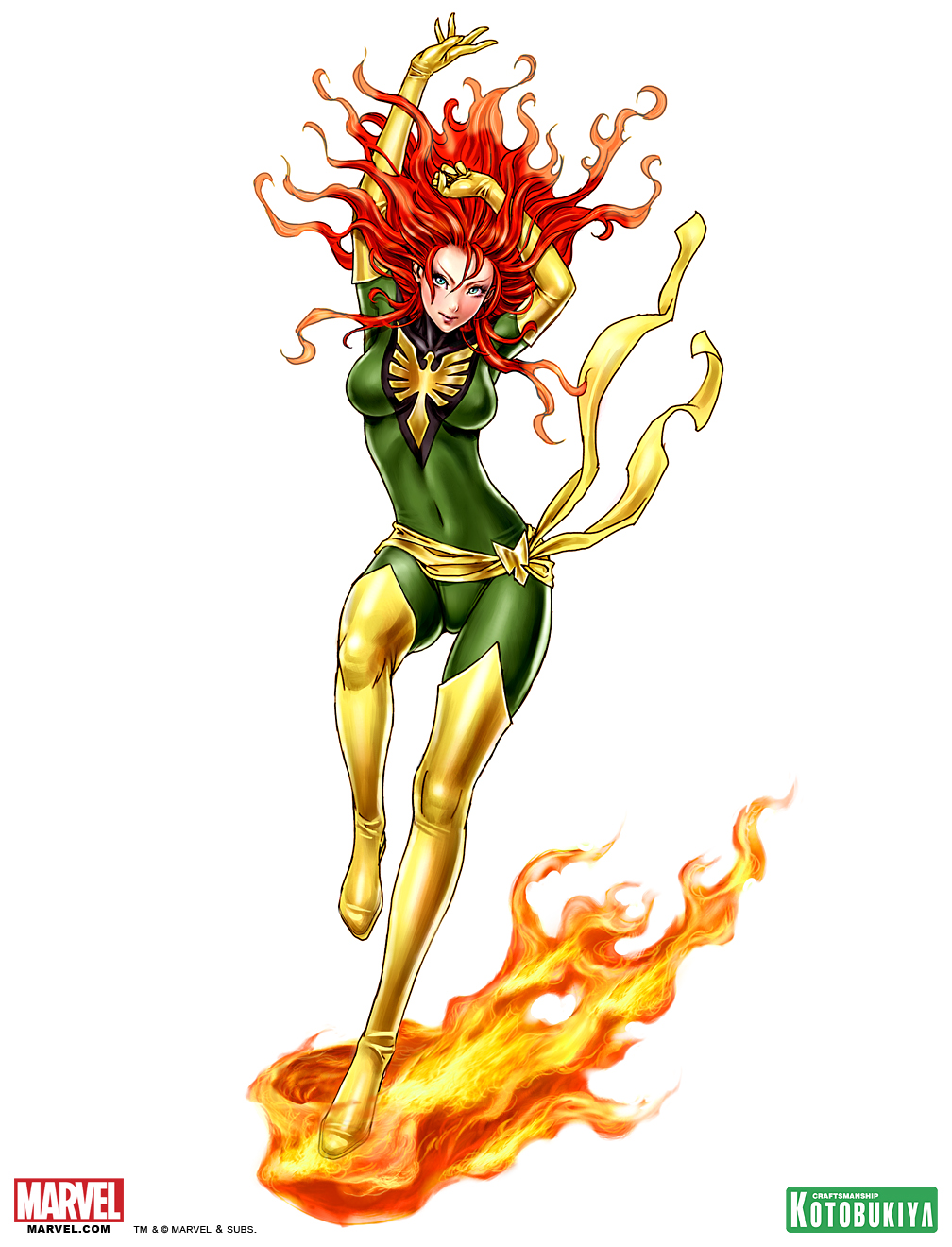 10s 1girl arms_up belt bird blush bodysuit boots breasts costume elbow_gloves female_focus fire flying full_body gloves green_eyes highres jean_grey latex lipstick long_hair makeup marvel phoenix phoenix_(x-men) red_hair shiny_clothes simple_background skin_tight smile solo thigh_boots thighhighs watermark wavy_hair white_background x-men yamashita_shun&#039;ya yellow_thighhighs