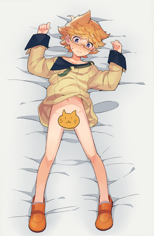 10s 1boy blonde_hair blush bottomless censored glasses lying majestic_prince male_focus novelty_censor okz on_back on_bed suruga_ataru tagme tail