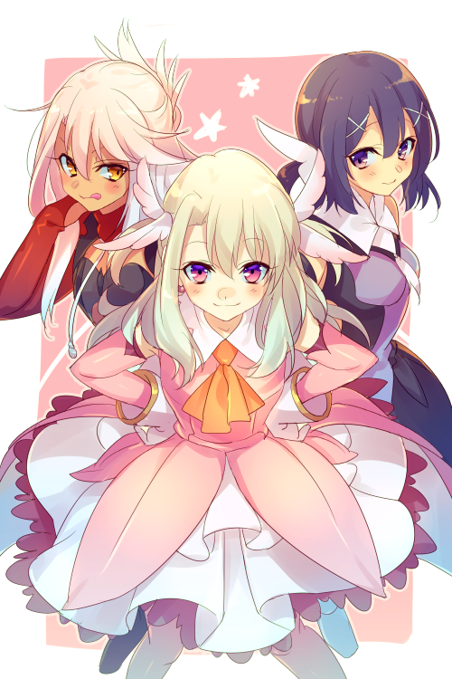3girls armor ascot bare_shoulders black_hair blush boots breastplate breasts bridal_gauntlets brown_eyes cape chloe_von_einzbern chloe_von_einzbern_(archer_install) dark-skinned_female dark_skin detached_sleeves dress earrings echo_(circa) elbow_gloves fate/grand_order fate/kaleid_liner_prisma_illya fate_(series) feather_hair_ornament feathers gloves hair_ornament hairclip half_updo illyasviel_von_einzbern jewelry layered_gloves leotard licking_lips long_hair long_sleeves looking_at_viewer miyu_edelfelt miyu_edelfelt_(magical_girl) multiple_girls orange_eyes pink_boots pink_dress pink_gloves pink_hair prisma_illya purple_leotard red_eyes shrug_(clothing) sidelocks skirt small_breasts smile thigh_boots tongue tongue_out twintails two_side_up white_cape white_gloves white_hair white_skirt
