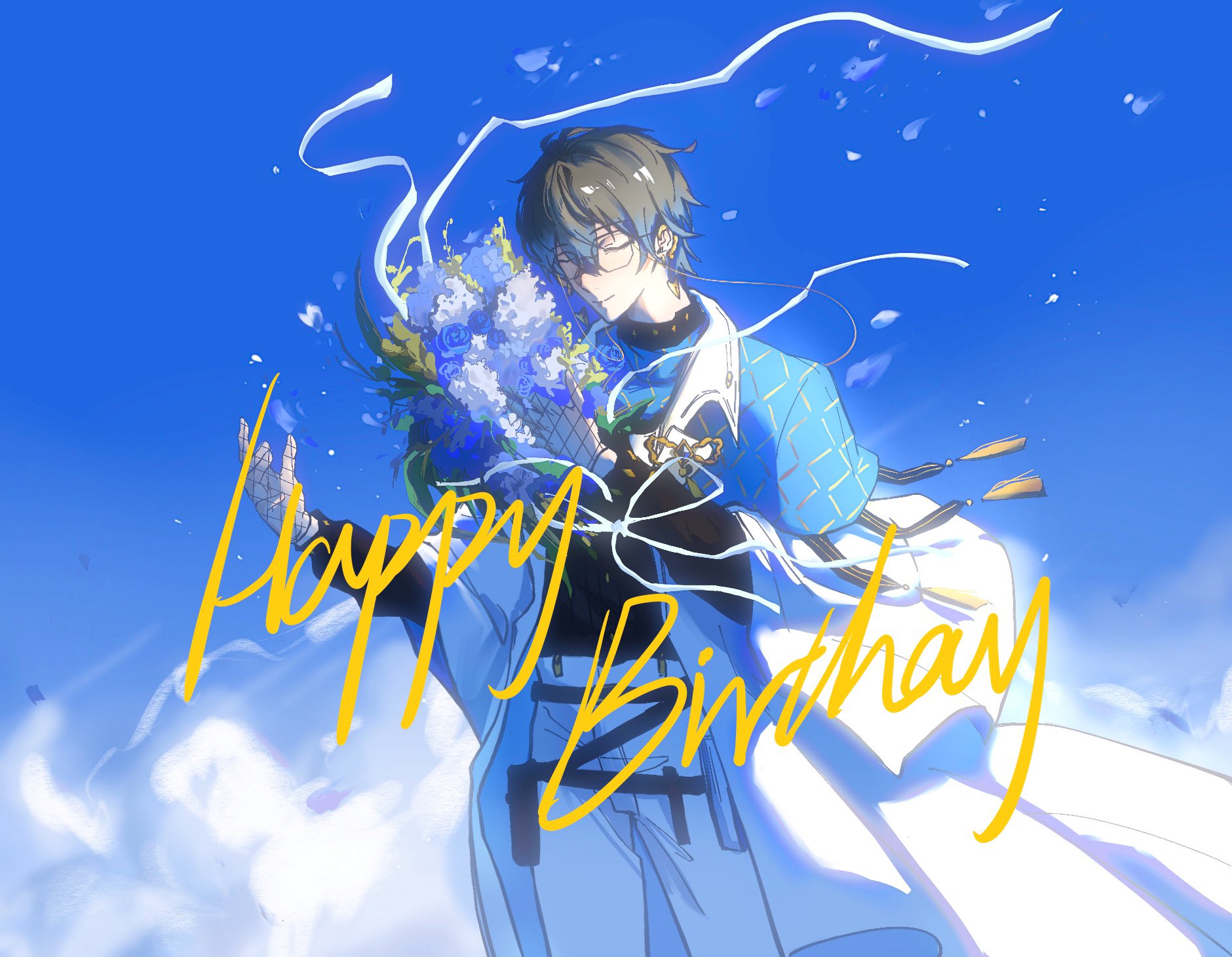 1boy 1girl 4000zn black_hair blue_eyes blue_sky bouquet brown_hair closed_mouth cloud day fishnet_gloves fishnets flower glasses gloves happy_birthday highres holding holding_bouquet ike_eveland long_sleeves looking_at_viewer male_focus nijisanji nijisanji_en outdoors petals short_hair sky smile solo sword virtual_youtuber weapon