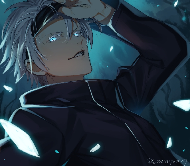 1boy arm_up black_jacket blindfold blindfold_lift blue_eyes colored_eyelashes commentary_request glowing glowing_eyes gojou_satoru grey_hair jacket jujutsu_kaisen lifting_own_clothes long_sleeves looking_at_viewer male_focus ninahachi smile solo twitter_username upper_body white_eyelashes