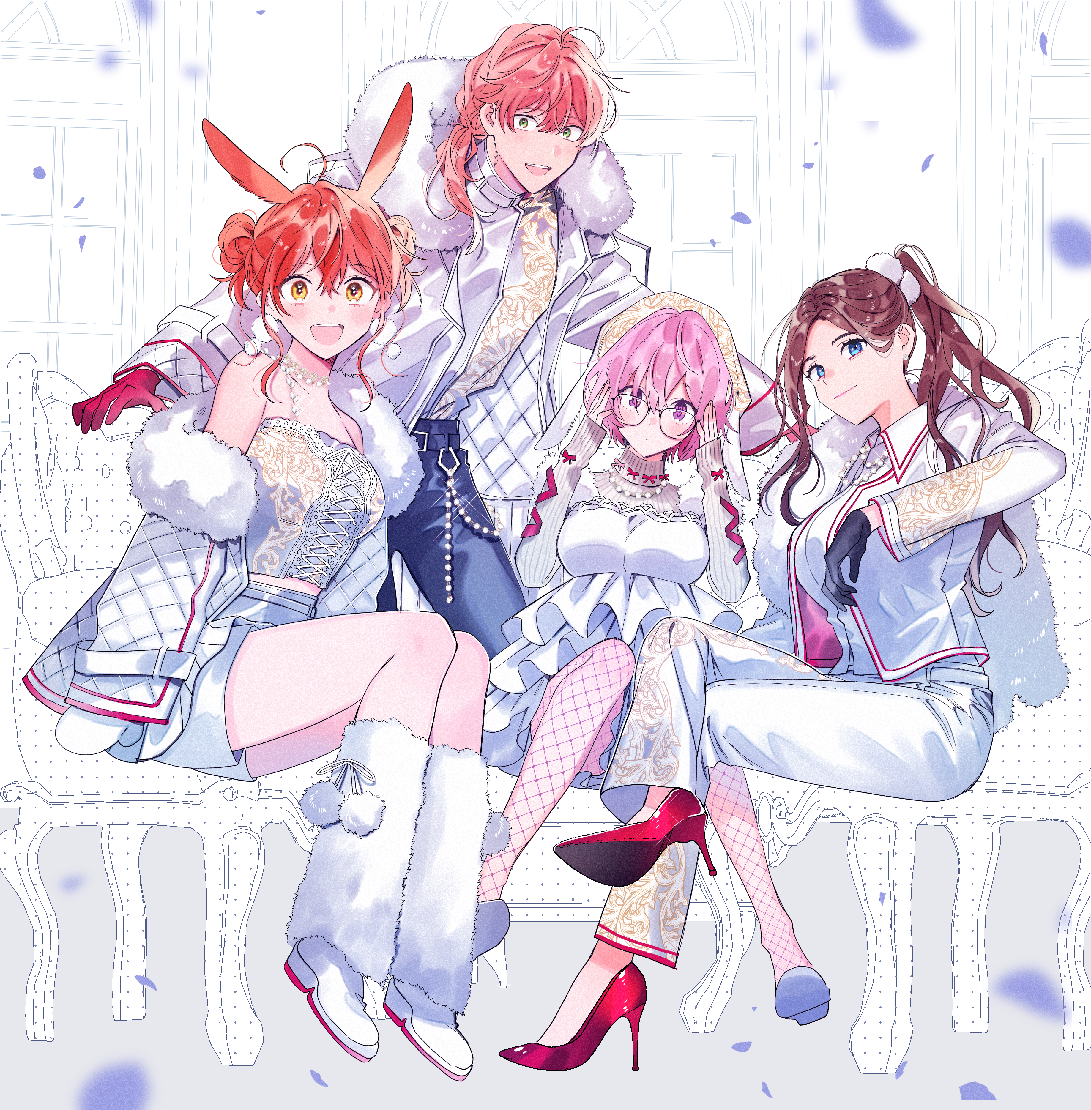 1boy 3girls absurdres adjusting_eyewear ahoge animal_ears black_gloves blue_eyes breasts brown_hair cross-laced_clothes crossed_legs curtains denim dress fake_animal_ears fate/grand_order fate_(series) fishnet_pantyhose fishnets frilled_dress frills fujimaru_ritsuka_(female) fur-trimmed_jacket fur_trim glasses gloves green_eyes highres jacket jeans jewelry kneehighs lapels large_breasts leonardo_da_vinci_(fate) mash_kyrielight multiple_girls necklace off_shoulder orange_hair pants pantyhose petals pink_eyes pink_hair ponytail rabbit_ears red_footwear red_gloves romani_archaman shirt shoe_soles side_ponytail single_sidelock sitting smile socks standing strap strapless tube_top wani_(mezo) white_footwear white_shirt wide_sleeves window yellow_eyes
