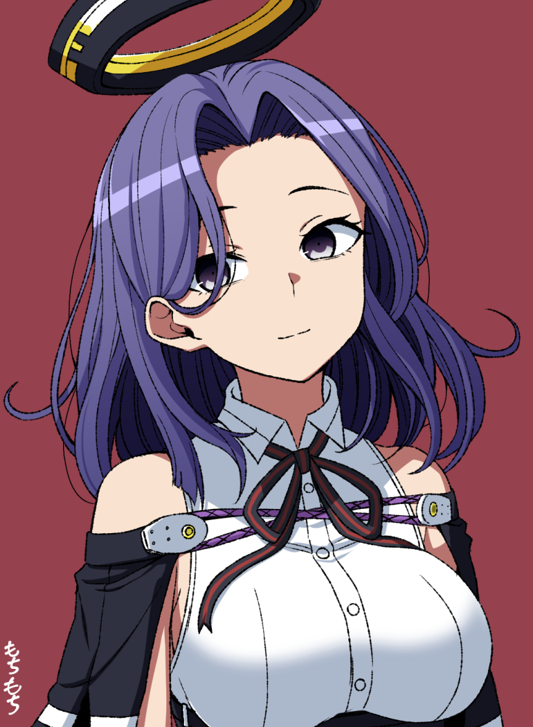 1girl breasts brown_background collared_shirt commentary dress_shirt hair_intakes halo headgear kantai_collection large_breasts mechanical_halo medium_breasts moti_coi one-hour_drawing_challenge purple_eyes purple_hair shirt sleeveless sleeveless_shirt solo tatsuta_(kancolle) tatsuta_kai_ni_(kancolle) white_shirt