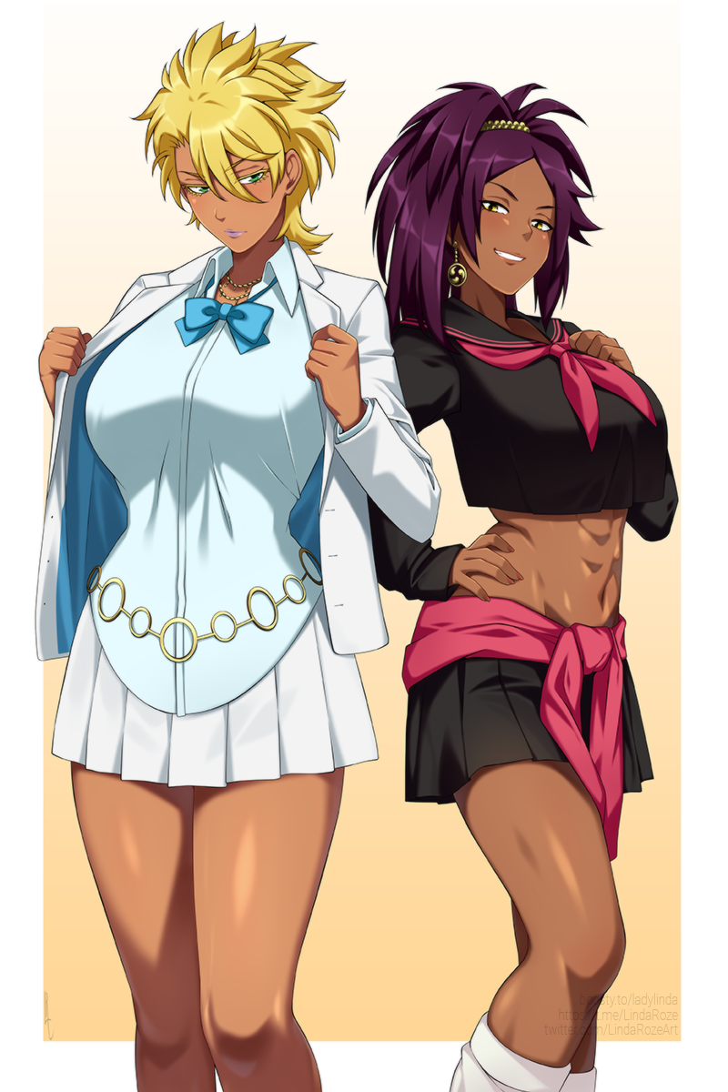 2girls abs black_sailor_collar black_shirt black_skirt black_vs_white blazer bleach blonde_hair breasts clothes_around_waist collared_shirt colored_eyelashes commentary contrast cropped_shirt dark-skinned_female dark_skin earrings english_commentary female_focus gradient_background green_eyes grin hair_between_eyes hand_on_own_hip hands_up highres jacket jewelry large_breasts lindaroze long_sleeves looking_at_viewer medium_hair miniskirt multiple_girls navel neckerchief necklace pink_neckerchief pleated_skirt purple_hair purple_lips sailor_collar shihouin_yoruichi shirt short_hair skirt smile thighs tier_harribel trait_connection white_jacket white_skirt yellow_eyes