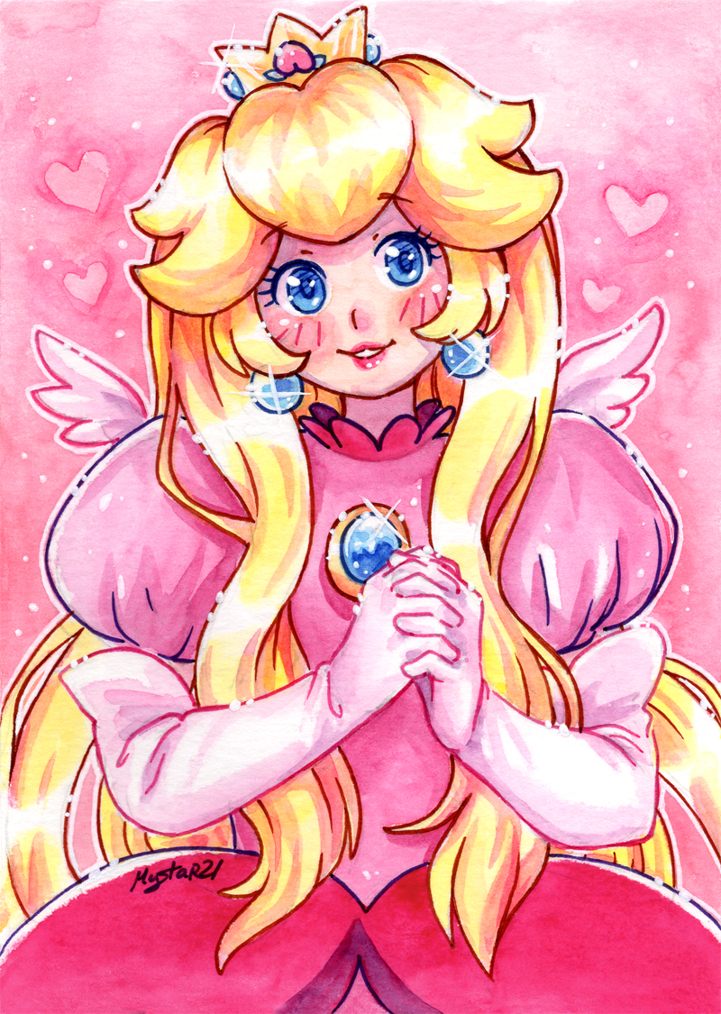 1girl blonde_hair blue_eyes brooch crown dress earrings gloves hair_between_eyes heart jewelry long_hair looking_at_viewer mario_(series) mystar21 nintendo pink_dress princess_peach smile solo sphere_earrings super_mario_bros._1 white_gloves wings