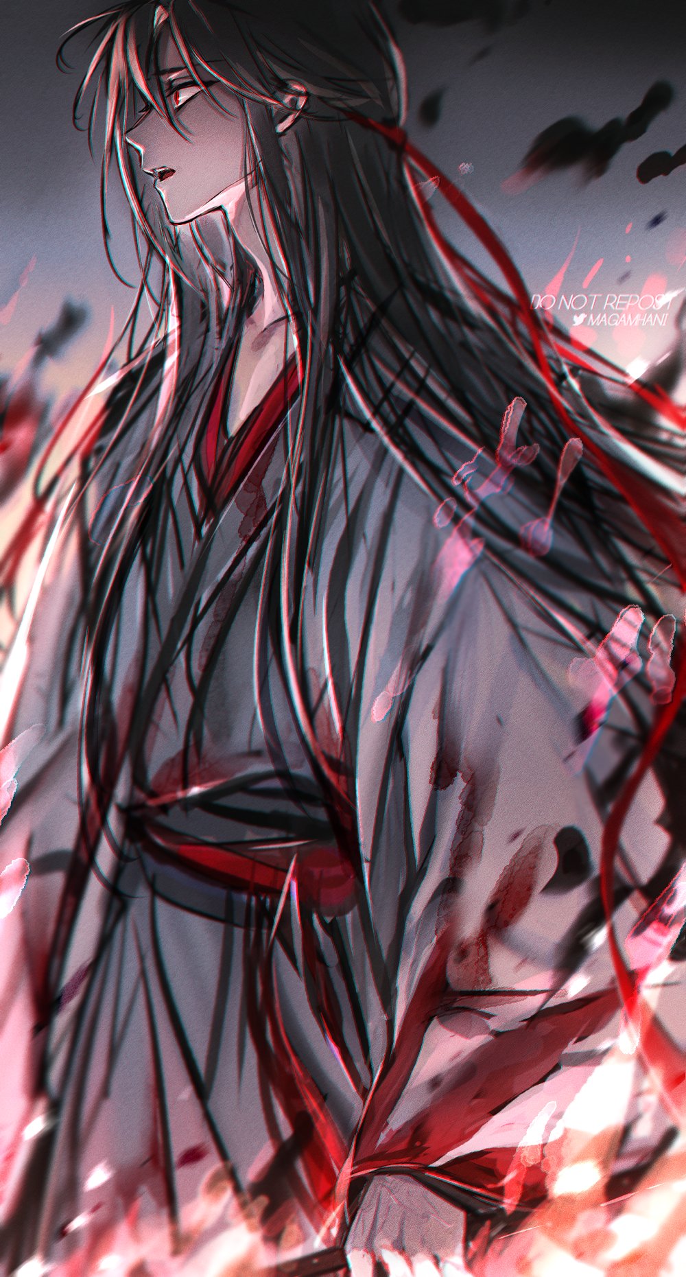 1boy bishounen black_hair black_hanfu black_smoke blood blood_on_clothes burning chinese_clothes coat colored_smoke fire from_side grey_coat hair_down hair_ribbon half_updo hanfu headband highres holding korean_commentary long_hair long_sleeves looking_to_the_side magamhani male_focus modao_zushi night official_alternate_costume official_alternate_hairstyle open_mouth profile red_eyes red_ribbon ribbon robe smoke solo standing twitter_username upper_body very_long_hair watermark weapon wei_wuxian wei_wuxian_(yiling_laozu)