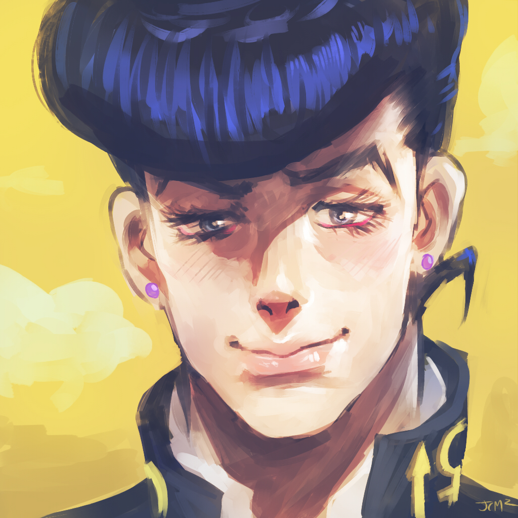 1boy anchor artist_name blue_eyes blue_hair derivative_work earrings higashikata_josuke jcm2 jewelry jojo_no_kimyou_na_bouken male_focus matching_hair/eyes pompadour portrait signature smile solo stud_earrings