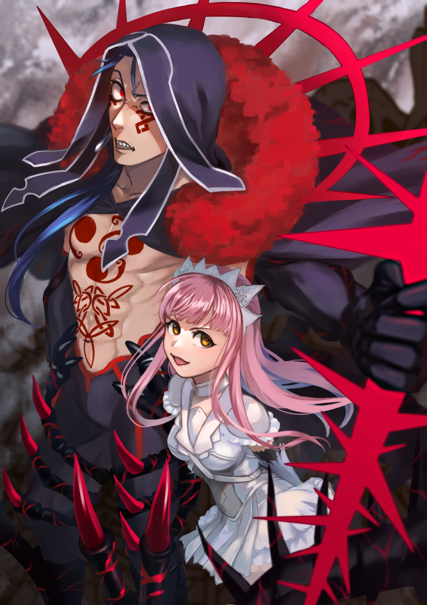 1boy 1girl abs black_bodysuit black_cape black_gloves blue_hair bodysuit brown_eyes cape chest_tattoo choker clenched_teeth cowboy_shot cu_chulainn_(fate) cu_chulainn_alter_(fate) cu_chulainn_alter_(third_ascension)_(fate) detached_hood elbow_gloves facial_tattoo fate/grand_order fate_(series) gae_bolg_(fate) glaring gloves grey_background hair_over_shoulder hair_strand height_difference highres holding holding_polearm holding_weapon long_hair looking_at_viewer medb_(fate) non_(nonrevolution) open_mouth pink_hair polearm red_eyes sharp_teeth skirt spiked_tail spikes standing tail tattoo teeth tiara uneven_eyes weapon white_choker white_skirt