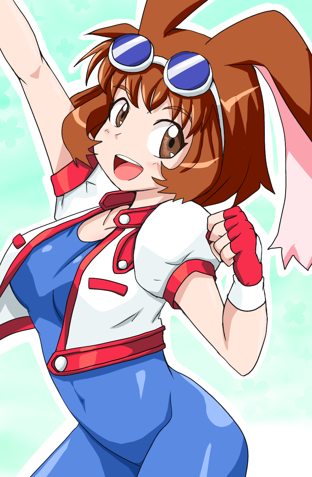 1girl blue_bodysuit bodysuit breasts brown_eyes brown_hair covered_navel female_focus highres jacket large_breasts makihara_arina solo waku_waku_7