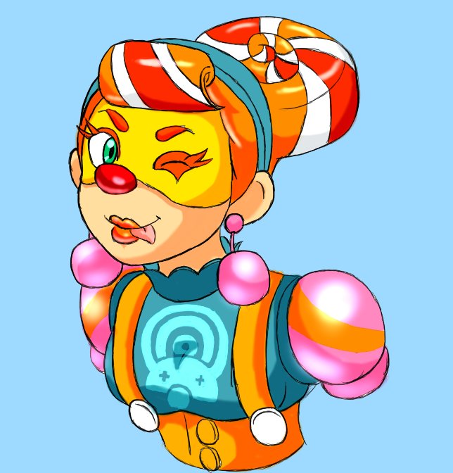 1girl arms_(game) blue_eyes clown clown_girl earrings hairband jewelry lipstick lola_pop makeup mask multicolored_hair nintendo one_eye_closed red_nose shining-tatsu smile suspenders tongue wink