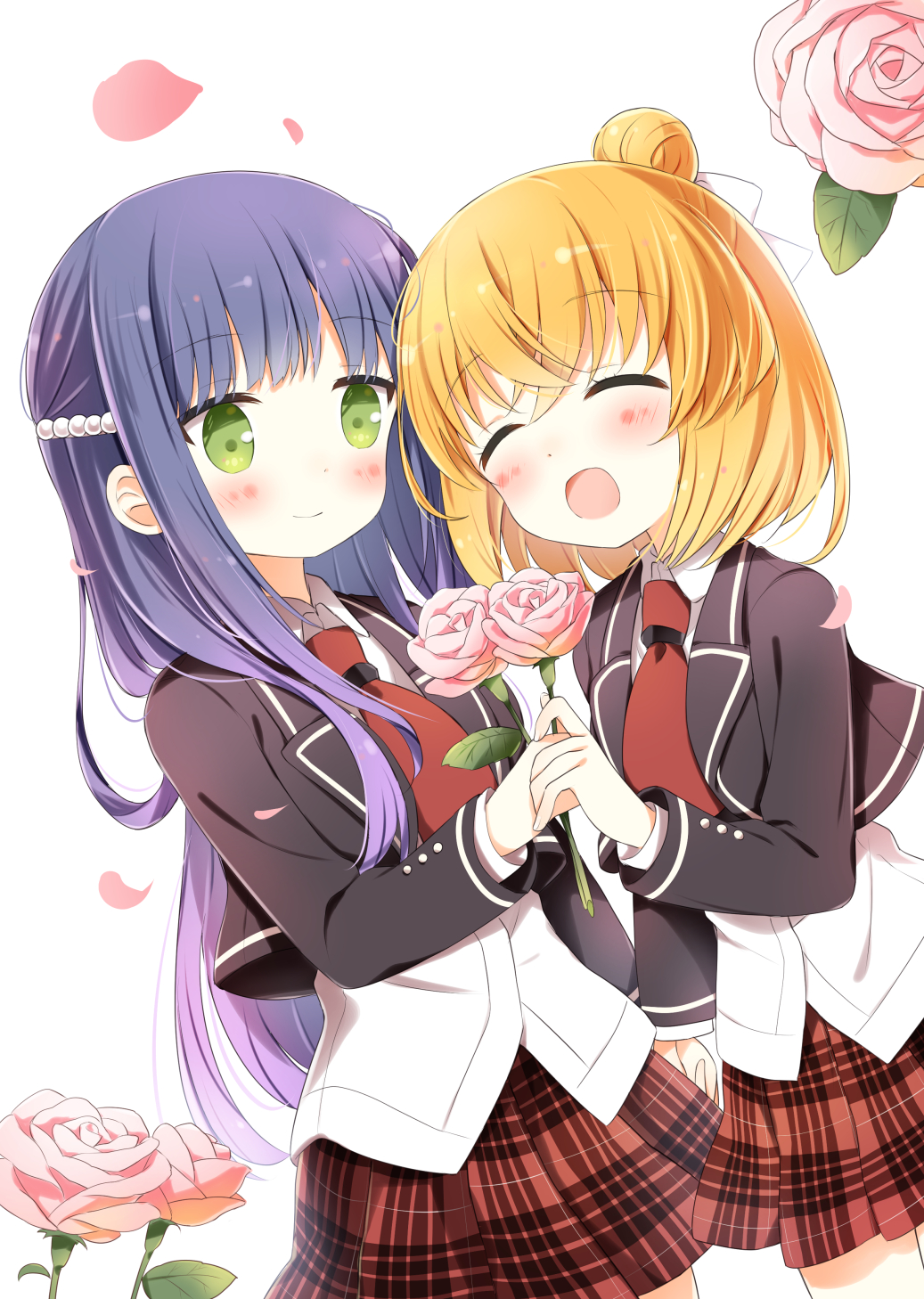 2girls anne_happy blonde_hair blush closed_eyes collared_shirt flower green_eyes hanakoizumi_an hibarigaoka_ruri highres ichiyo12 long_hair long_sleeves multiple_girls necktie open_mouth pink_flower pink_rose purple_hair red_necktie red_skirt rose school_uniform shirt short_hair skirt smile two-tone_skirt