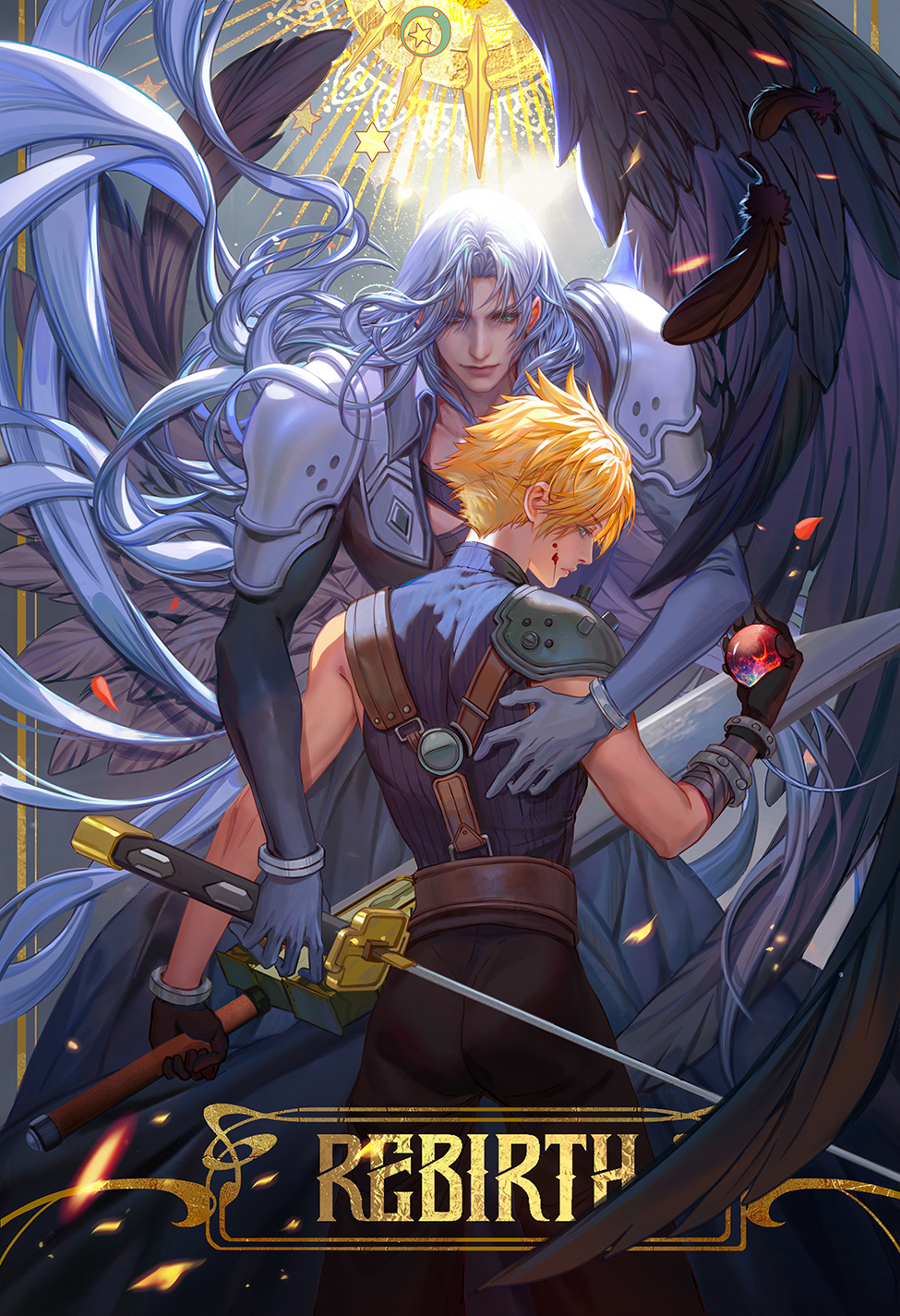 2boys aqua_eyes armor ball bangle belt black_coat black_feathers black_gloves black_pants black_wings blonde_hair blood blood_on_face blue_shirt bracelet brown_belt buster_sword chest_strap closed_mouth cloud_strife coat cowboy_shot falling_feathers falling_petals fan_yang_(jiuge) feathered_wings feathers final_fantasy final_fantasy_vii final_fantasy_vii_rebirth final_fantasy_vii_remake gloves grey_hair hair_between_eyes hand_on_another&#039;s_back highres holding holding_ball holding_sword holding_weapon jewelry long_bangs long_hair long_sleeves male_focus masamune_(ff7) materia multiple_boys pants parted_bangs petals sephiroth shirt short_hair shoulder_armor single_bare_shoulder single_shoulder_pad single_wing sleeveless sleeveless_turtleneck smile spiked_hair suspenders sword turtleneck very_long_hair weapon wings yaoi