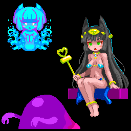 2girls black_hair blue_eyes ghost multiple_girls slime wand yomitim