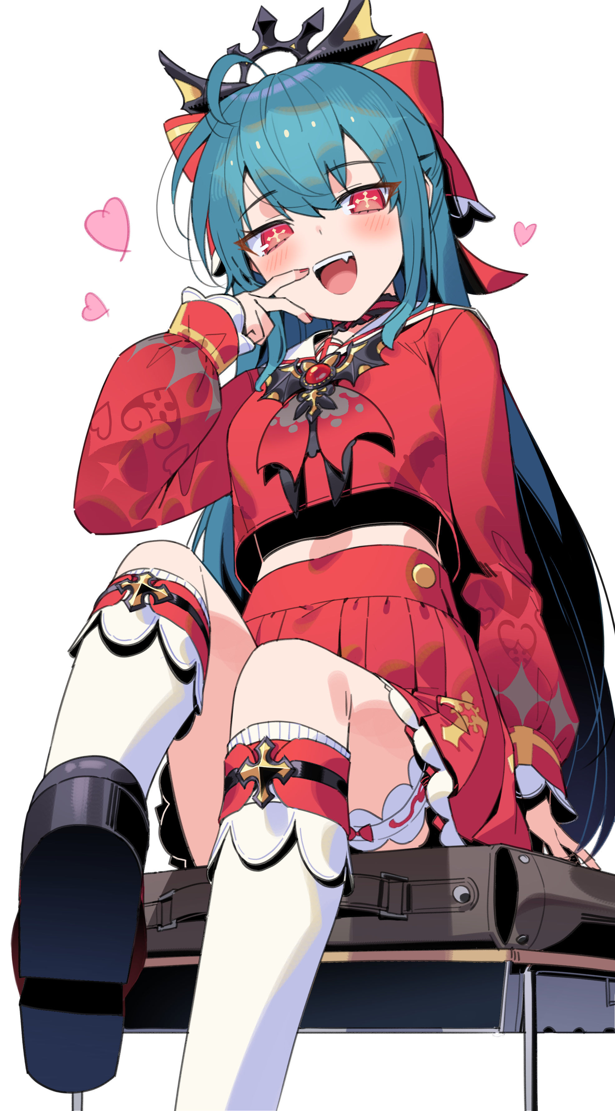 1girl absurdres ahoge bianca_(black_survival) black_choker black_shoes black_survival blue_hair bow brooch choker crop_top crop_top_overhang cross-shaped_pupils eternal_return:_black_survival fang hair_bow hand_up heart high-waist_skirt highres hop3 jewelry kneehighs leg_up long_hair long_sleeves looking_at_viewer midriff official_alternate_costume open_mouth pleated_skirt puffy_long_sleeves puffy_sleeves red_eyes red_serafuku red_shirt red_skirt sailor_collar school_uniform serafuku shirt shoes simple_background sitting skirt smile socks solo symbol-shaped_pupils thigh_strap tiara very_long_hair white_background white_sailor_collar white_socks