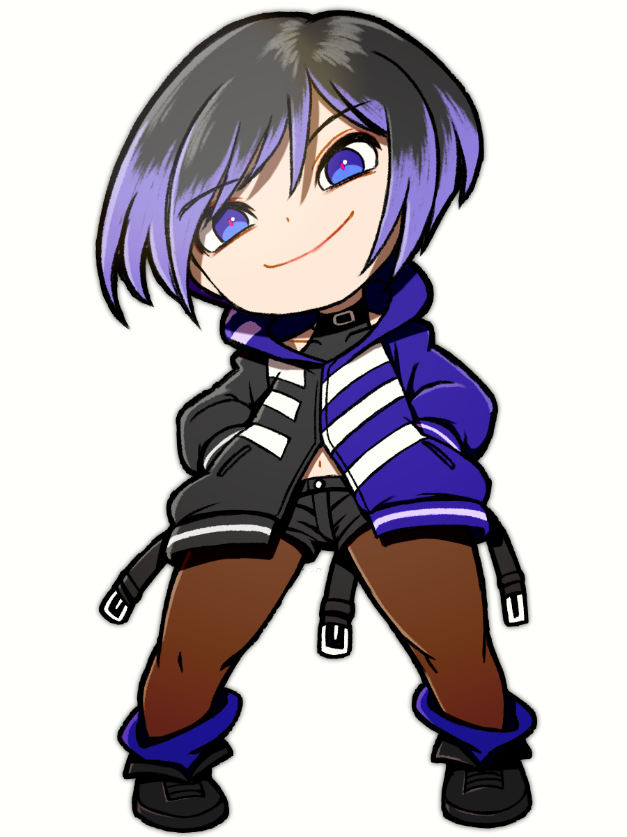 1girl beeru_(veil8801) black_hair black_jacket black_shorts blue_eyes blue_hair blue_jacket brown_pantyhose closed_mouth colored_tips covered_collarbone deformed full_body hands_in_pockets head_tilt highres hood hood_down hooded_jacket jacket legs_apart long_sleeves multicolored_hair multicolored_jacket navel pantyhose pantyhose_under_shorts red_pupils reina_(tekken) short_hair short_shorts shorts simple_background smile solo split-color_clothes standing tekken tekken_8 two-tone_hair two-tone_jacket white_background