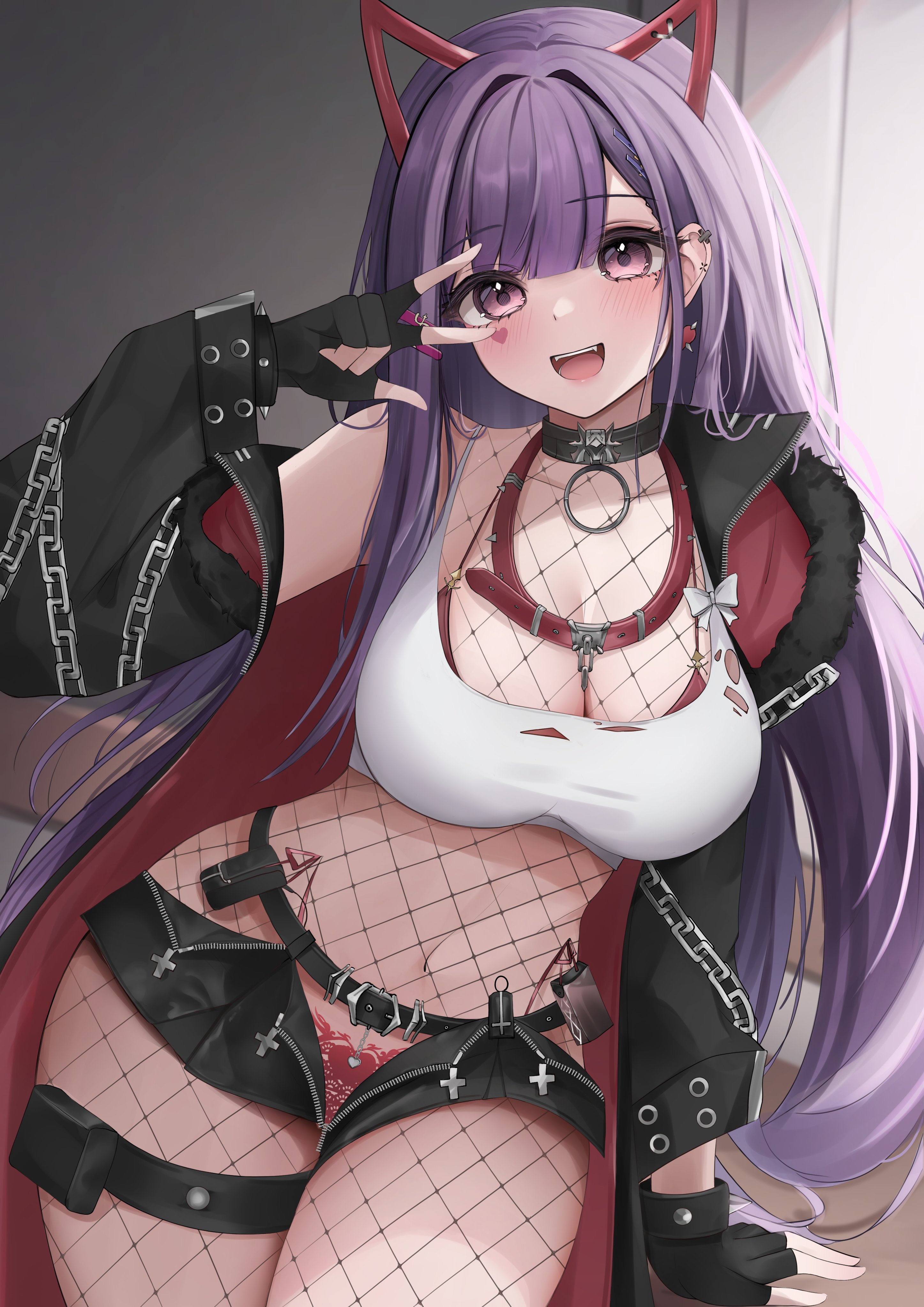 1girl absurdres akuma_nihmune akuma_nihmune_(demon_past) animal_collar belt black_belt black_choker black_gloves black_jacket black_shorts bodystocking bracelet breasts chain choker cleavage collar crop_top cross earrings facial_mark fingerless_gloves fishnet_bodystocking fishnets fur-trimmed_jacket fur_trim gloves heart heart_facial_mark highres indie_virtual_youtuber jacket jewelry large_breasts long_hair micro_shorts navel non-web_source open_clothes open_fly open_jacket open_mouth purple_eyes purple_hair red_collar shorts solo spiked_bracelet spiked_collar spikes tank_top teeth thigh_strap torn_clothes torn_tank_top upper_teeth_only v v_over_eye virtual_youtuber white_tank_top yumiewuri zipper