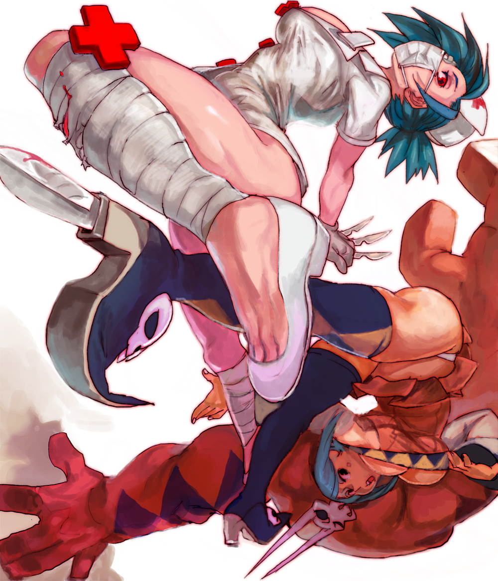 +_+ 2girls aqua_hair arched_back bad_id bad_pixiv_id bare_shoulders battle between_fingers blood blue_hair boots breasts cerebella_(skullgirls) choker cleavage cross cuts dark-skinned_female dark_skin detached_sleeves dodging dress eyepatch flats foreshortening gloves hair_over_one_eye hanarabiwarco hat heel_blade holding injury kicking large_breasts leg_wrap living_clothes mask mouth_mask multiple_girls nurse nurse_cap off-shoulder_dress off_shoulder pointy_footwear ponytail red_cross red_eyes scalpel shoes short_dress short_hair skullgirls surgical_mask thigh_boots thighhighs underboob upside-down valentine_(skullgirls) vice-versa_(skullgirls) weapon white_gloves