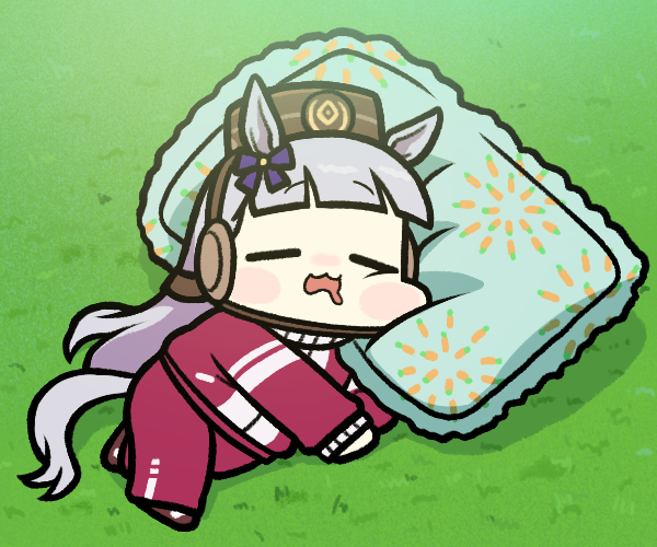 1girl animal_ears blunt_bangs bow commentary derivative_work drooling ear_bow gold_ship_(umamusume) grey_hair horse_ears horse_girl horse_tail jacket jazz_jack long_hair lying mouth_drool on_side pants pillbox_hat pillow purple_bow red_jacket red_pants red_track_suit screenshot_redraw sleeping solo tail tracen_training_uniform track_jacket track_pants track_suit umamusume umamusume_(anime) yogibo