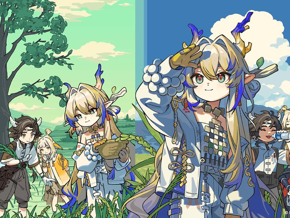 1boy 2girls animal_ears antlers arknights bad_source basket black_hair blonde_hair blue_eyes blue_hair blue_sky bottle branch brown_hair closed_eyes cloud dark_skin day deer_ears dress favilia gloves grain_buds_(arknights) holding horns jacket long_hair long_sleeves multicolored_hair multiple_boys multiple_girls multiple_views open_clothes outdoors pointy_ears rice_paddy shading_eyes shirt short_hair shu_(arknights) sky smile streaked_hair tree water_bottle white_dress white_hair white_jacket white_shirt
