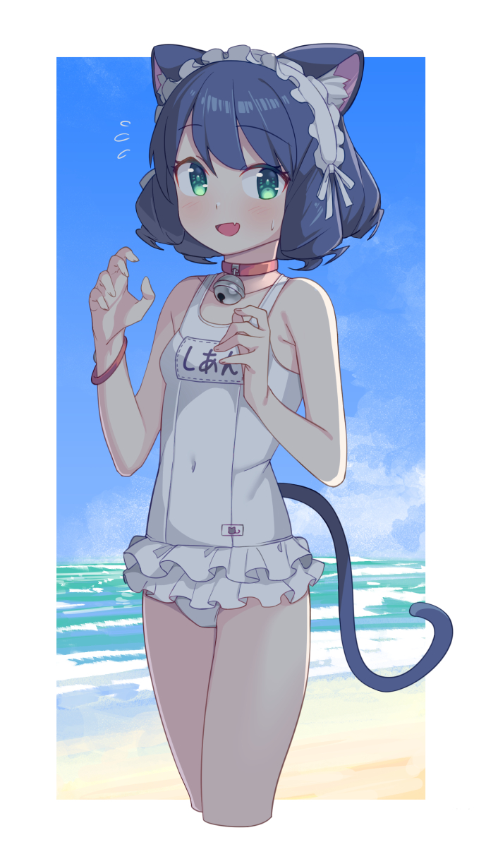 1girl :d animal_ears bare_arms bare_shoulders beach bell blue_hair breasts cat_ears cat_girl cat_tail collar covered_navel cowboy_shot cropped_legs cyan_(show_by_rock!!) drill_hair fang green_eyes highres jingle_bell looking_at_viewer name_tag neck_bell one-piece_swimsuit open_mouth saiste short_hair show_by_rock!! skin_fang small_breasts smile solo swimsuit tail white_one-piece_swimsuit