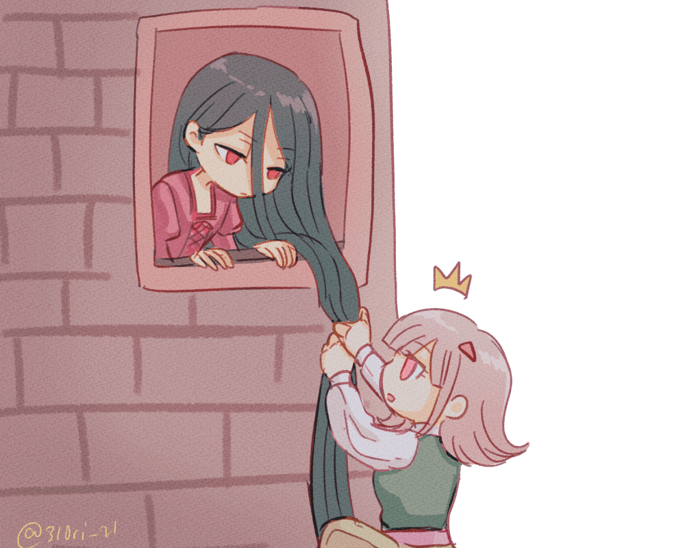1boy 1girl absurdly_long_hair artist_name black_hair climbing cosplay crossdressing crown danganronpa_(series) danganronpa_2:_goodbye_despair dress flipped_hair green_vest grey_background grey_shirt hair_ornament kamukura_izuru long_hair long_sleeves looking_at_another looking_up medium_hair midori_(310ri_21) nanami_chiaki open_mouth rapunzel_(disney) rapunzel_(disney)_(cosplay) rapunzel_(fairy_tale) rapunzel_(fairy_tale_character)_(cosplay) red_dress red_eyes shirt simple_background tower triangle_hair_ornament very_long_hair vest window