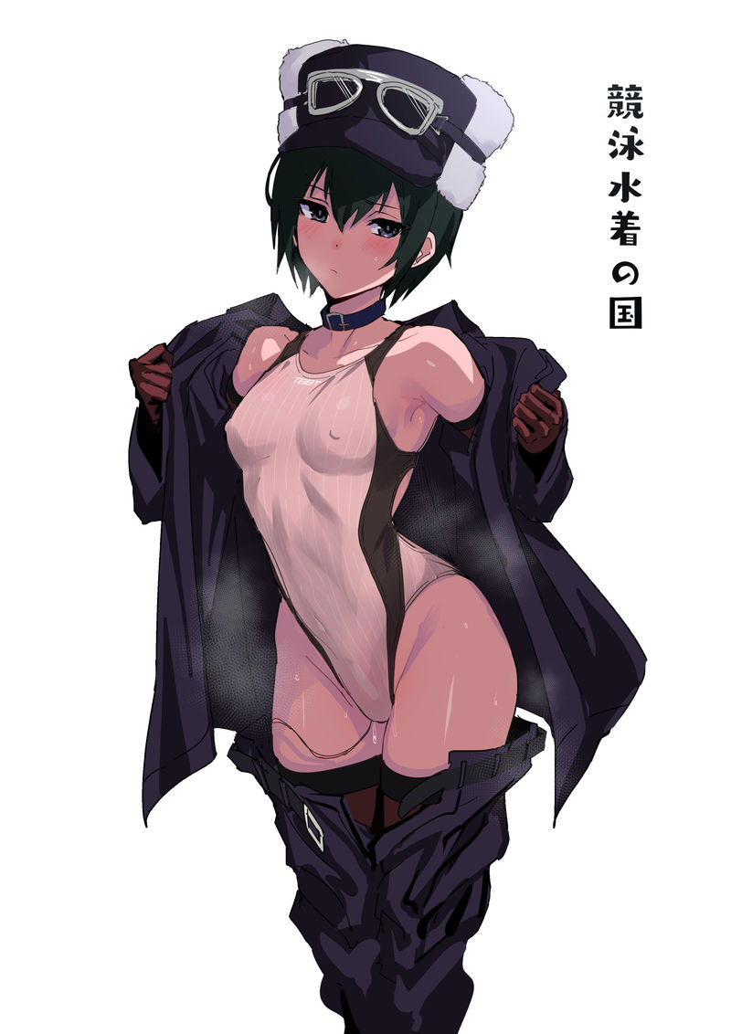 1girl armpits bare_shoulders black_coat black_eyes black_hair black_hat black_shorts blush choker closed_mouth coat competition_swimsuit covered_erect_nipples covered_navel cowboy_shot gloves groin hat highleg kino_(kino_no_tabi) kino_no_tabi looking_at_viewer navel one-piece_swimsuit shorts simple_background solo standing steaming_body swimsuit tomboy two-tone_swimsuit ulrich_(tagaragakuin) undressing white_background white_one-piece_swimsuit