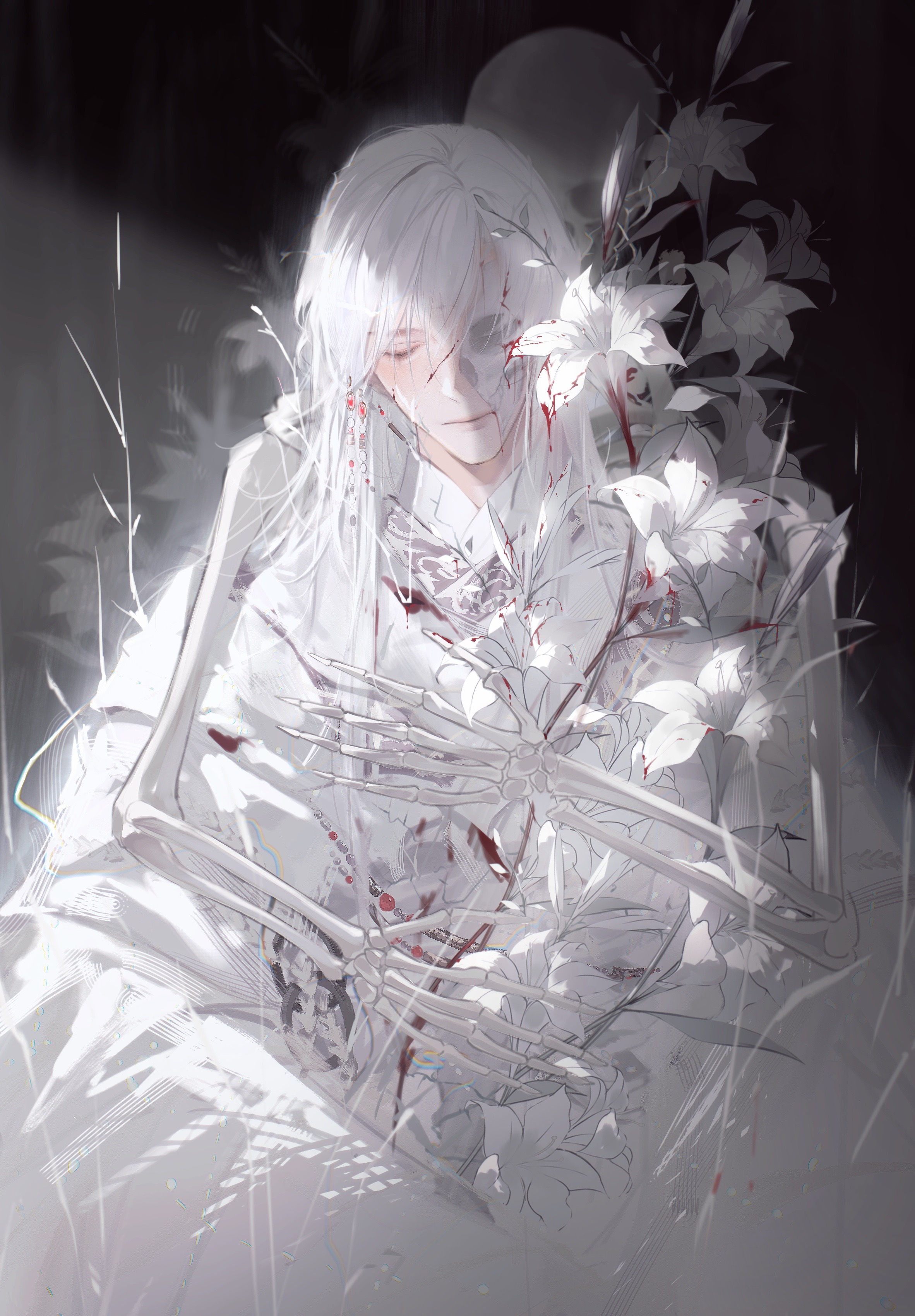1boy absurdres beads black_background blood blood_on_clothes blood_on_face chinese_clothes closed_eyes closed_mouth cracked_mask cuts flower hair_ornament half_mask hanfu head_tilt highres hug injury jinguang_budaixi limited_palette long_sleeves male_focus mask parted_bangs parted_hair qiao_rulai rainbow side_part sidelighting skeleton solo straight-on swept_bangs turkey223333 upper_body white_flower white_hanfu white_mask white_sleeves