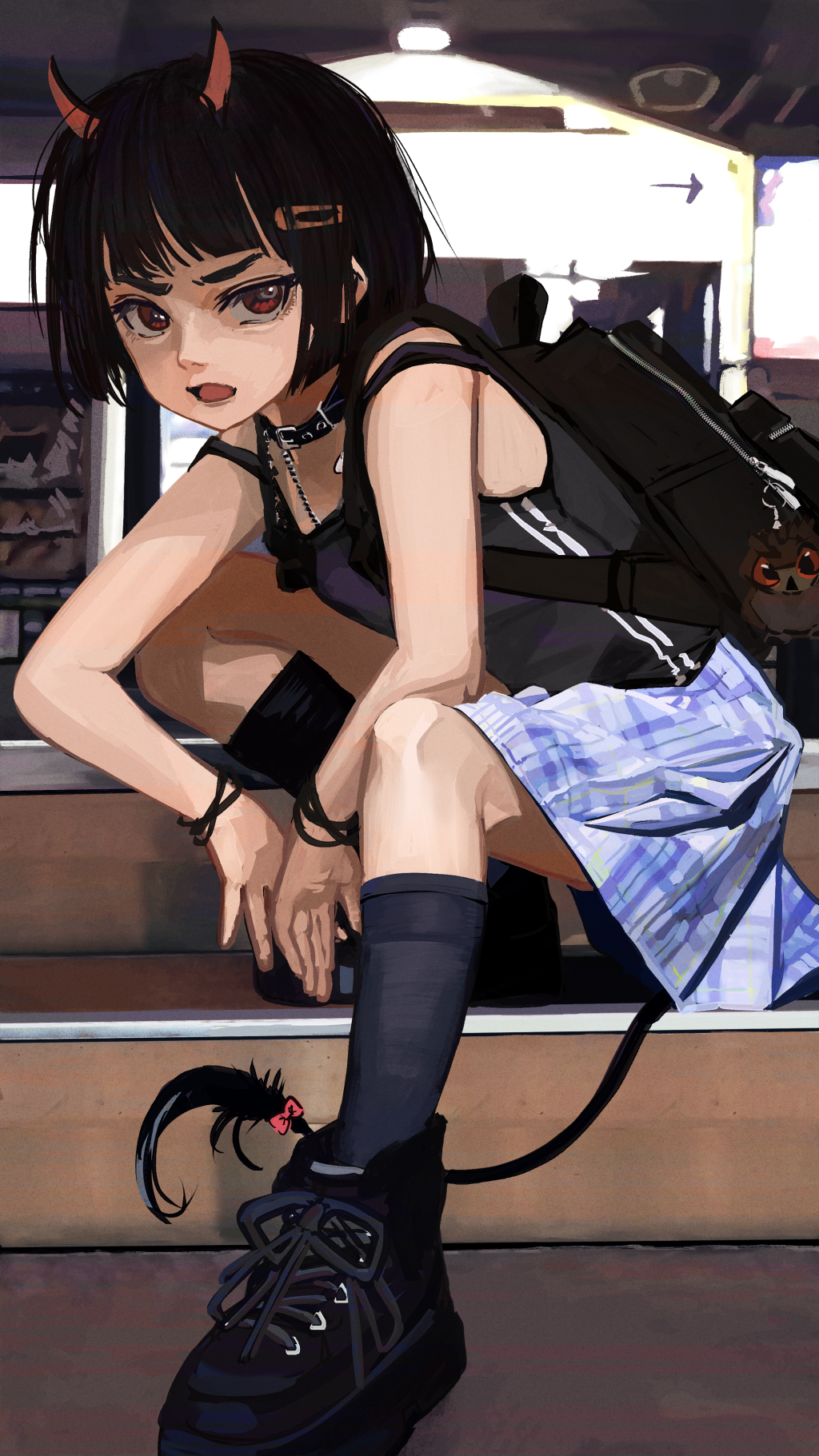 1girl angry arrow_(symbol) backpack bag bag_charm bare_shoulders between_legs black_bag black_boots black_choker black_hair black_tank_top boots bow bracelet breasts casual chain charm_(object) choker commentary demon_girl demon_horns demon_tail double_strap_slip double_vertical_stripe from_side full_body hair_ornament hairclip hand_between_legs highres horns indoors jewelry katya_(servachok) knee_up looking_at_viewer looking_to_the_side loose_hair_strand messy_hair on_stairs open_mouth original plaid_clothes plaid_skirt platform_boots platform_footwear purple_skirt red_bow red_eyes russian_commentary servachok shelf shop short_hair skirt small_breasts solo squatting stairs stuffed_owl tail tail_bow tail_ornament talking tank_top thick_eyebrows v-shaped_eyebrows white_skirt
